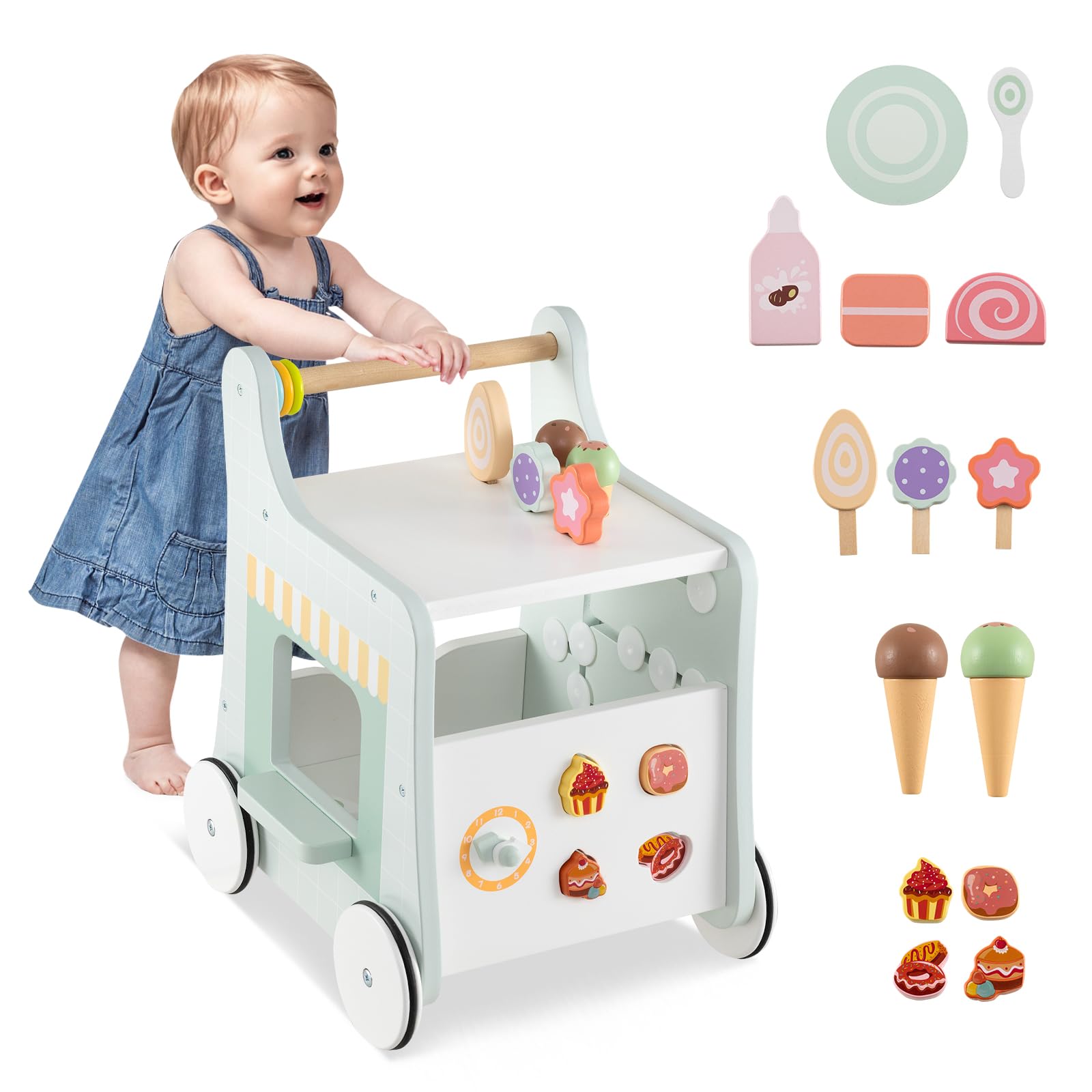 GYMAX Girello per Bambini in Legno 2-in-1, Carrello Primi Passidei Gelati con Accessori Interattivi e Ruote Antiscivolo, Cucina Giocattolo Montessori con Ruote, per Bambino 1 Anno + (Verde-1)