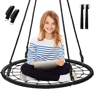 Display4top Spider Web Tree Swing, 40" Round Net Swing Set for Kids Teens with 71" Adjustable Hanging Ropes, Great for Park Backyard Playground Outdoor, Max 400Lbs (Black)