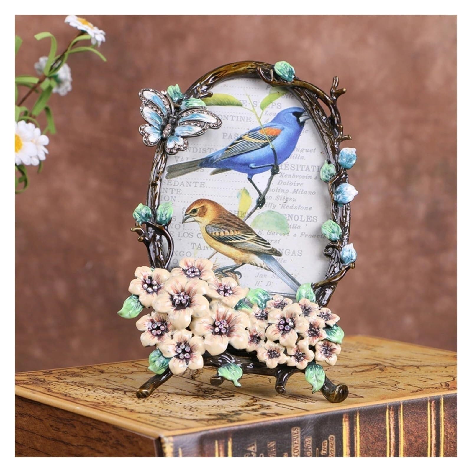 Vfdthr 6Inch J10 Photo Frames Creative Flower And Bird Photo Frame Decoration Enamel Color Alloy Crafts Wedding Gift Living Room Decor(6Inch J10)
