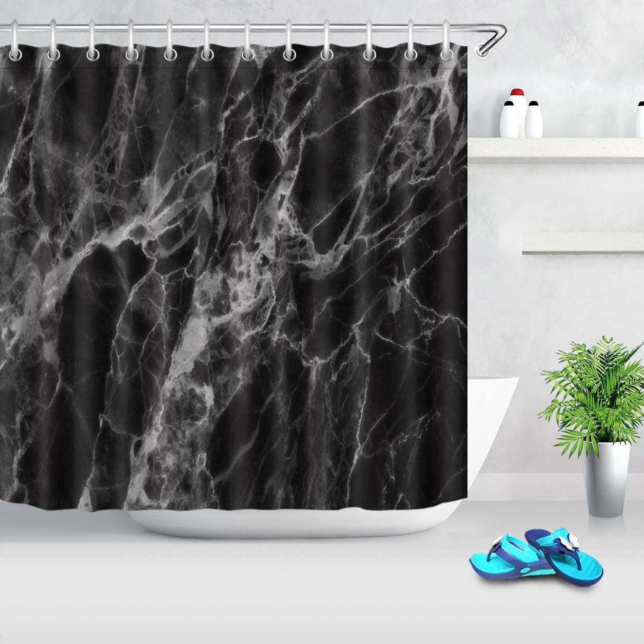 LB Black Marble Shower Curtains for Bathroom Abstract Natural Marble Texture Black and Grey Shower Curtain with Hooks 72x78 inch Waterproof Polyester Fabric Decorations