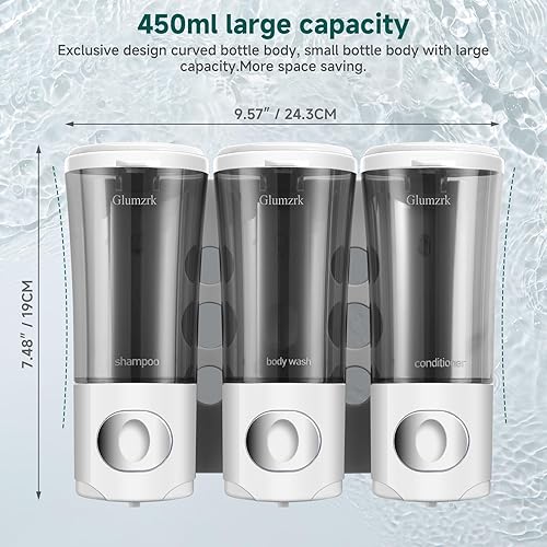 Miniatura 6 de Dispensador de jabón de ducha, 3 cámaras, sin taladro, dispensador de champú y acondicionador, dispensador de 15 onzas cada recipiente,