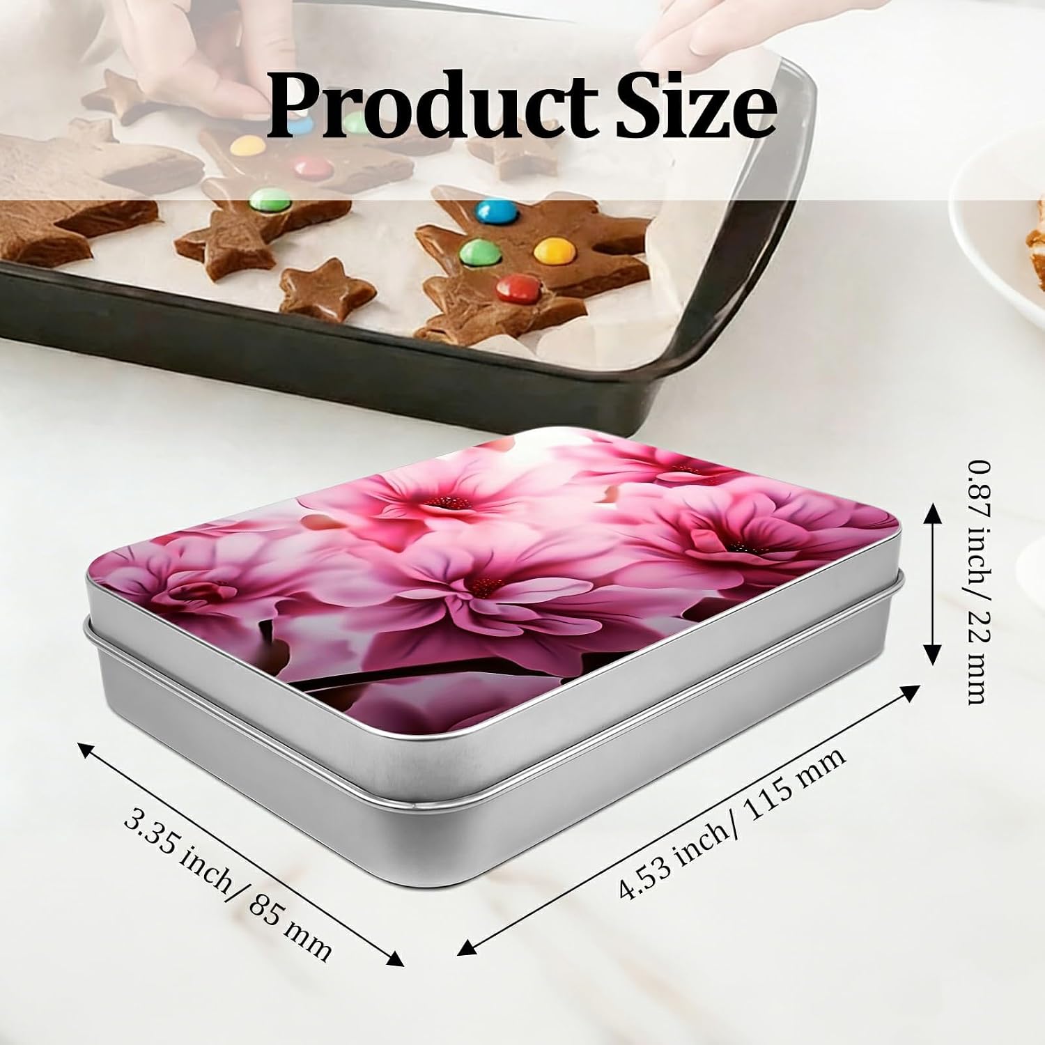 Small Metal Tin Box Storage Container,Pink Flowers image 2