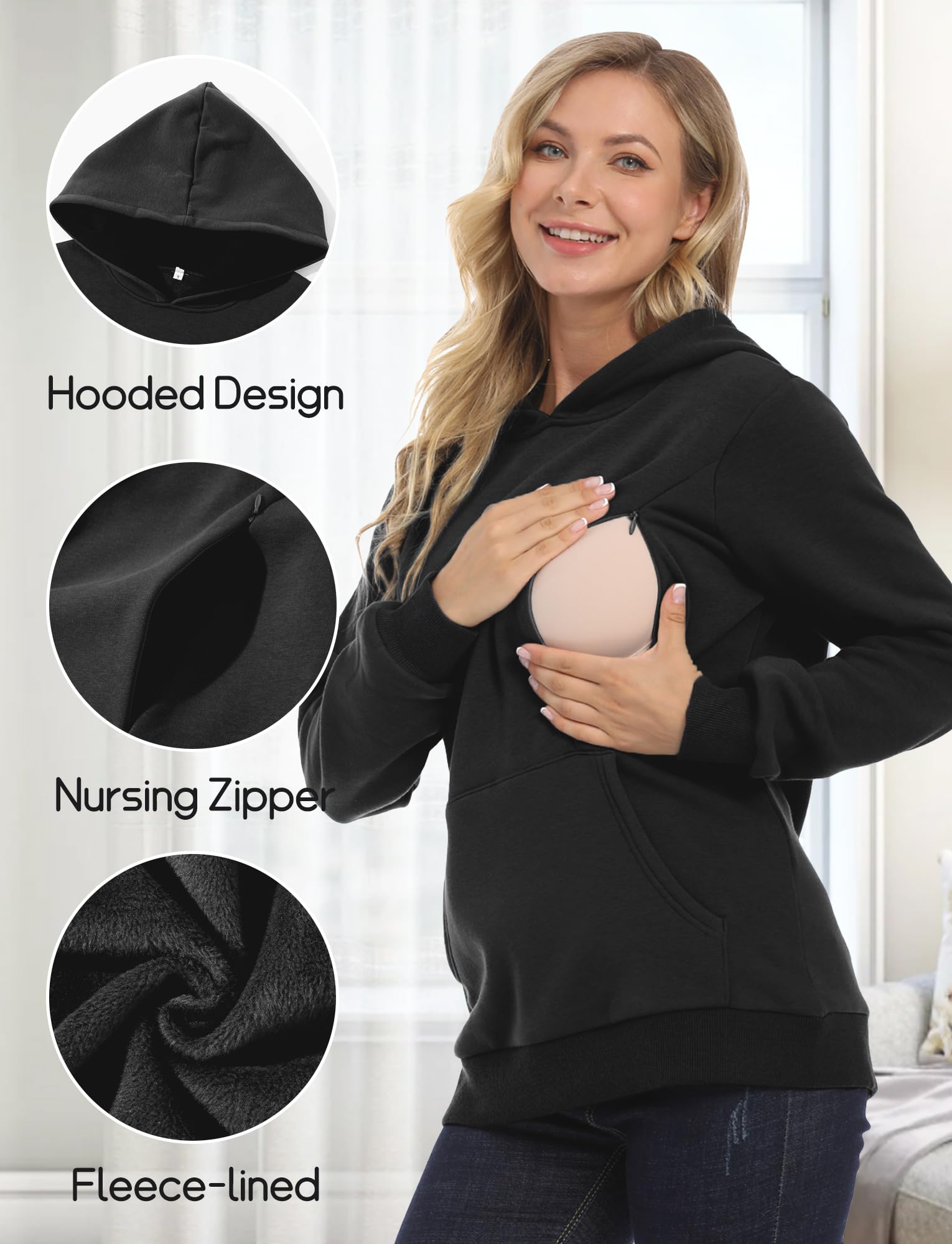 FEOYA Pulli Femmes Haut d'allaitement Sweats à Capuche de Maternité Blouse Pull d'allaitement XS-XXL