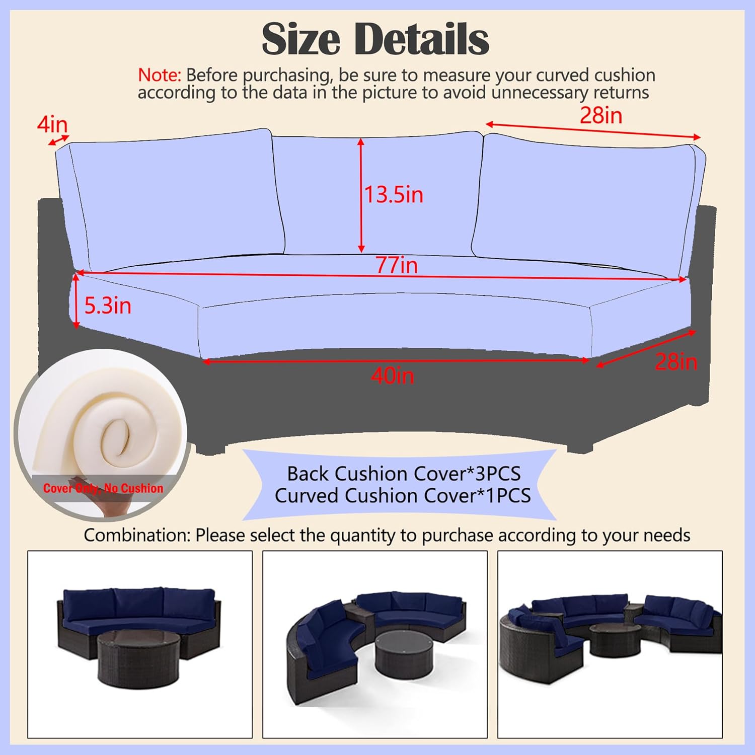 Sqodok Outdoor Curved Sofa Cushion Cover with Zipper, 4-Piece Waterproof and Breathable Half Moon Sectional Replacement Covers, Machine Washable Patio Furniture Sofa Cushion Couch Covers, Cover Only