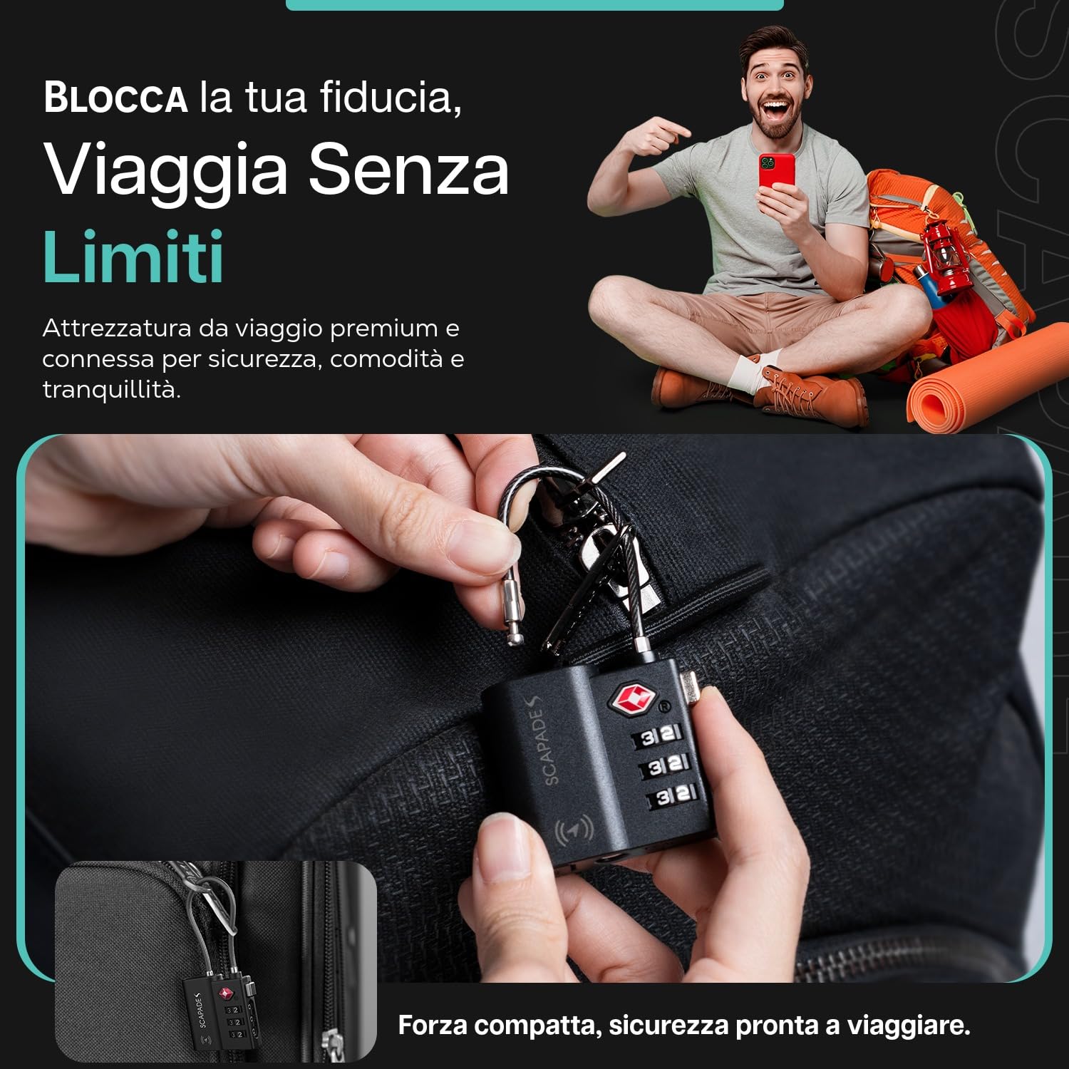 Scapade AirLock – Lucchetto intelligente per valigie approvato TSA con Apple Find My Tracking, batteria ricaricabile USB-C, lucchetto da viaggio ultra resistente per bagaglio a mano e bagaglio