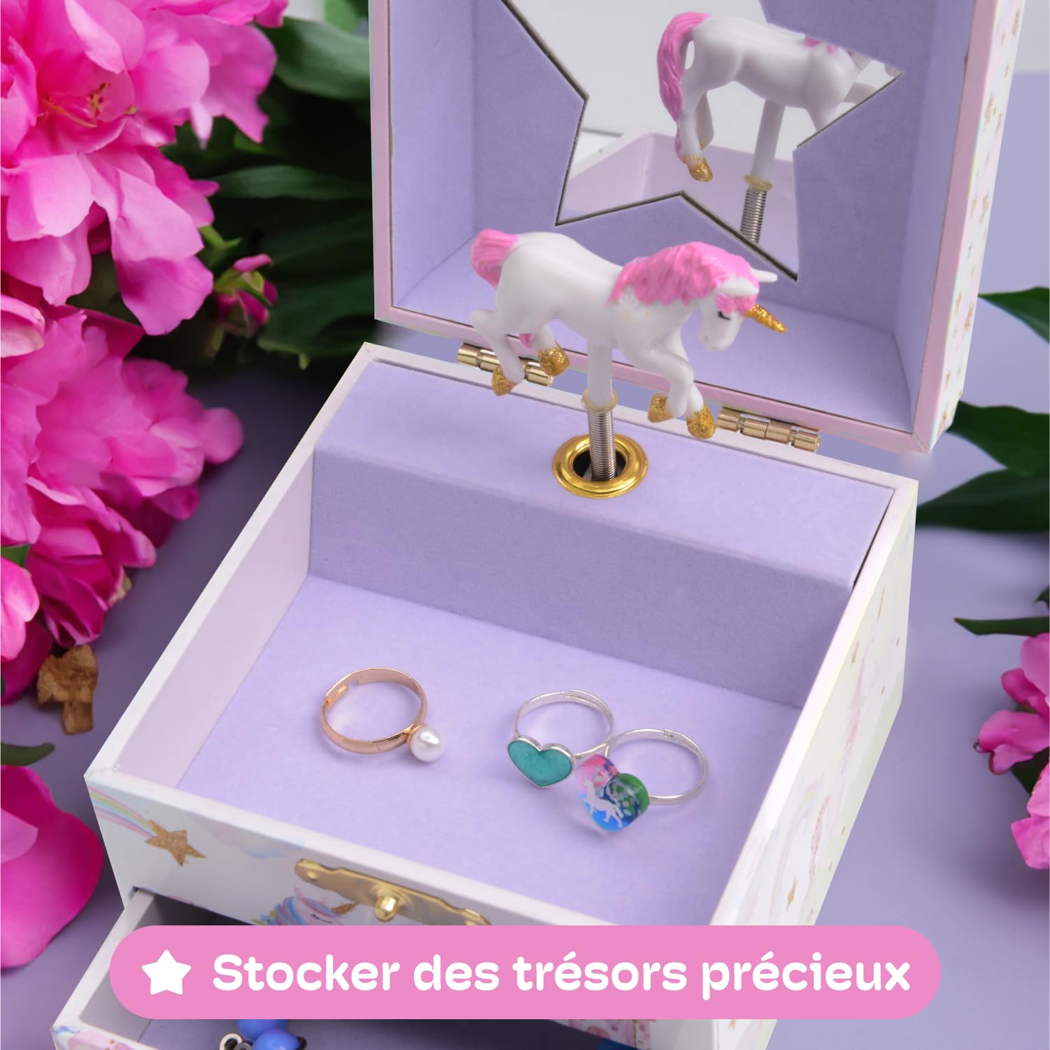 Jewelkeeper Pudełko na biżuterię z jednorożcem z 2 szufladami, brokatowe gwiazdki, melodia The Beautiful Dreamer - Pudełko na biżuterię dla dziewczynek, pudełko na biżuterię dla dzieci - 17,1 x 11,4 x