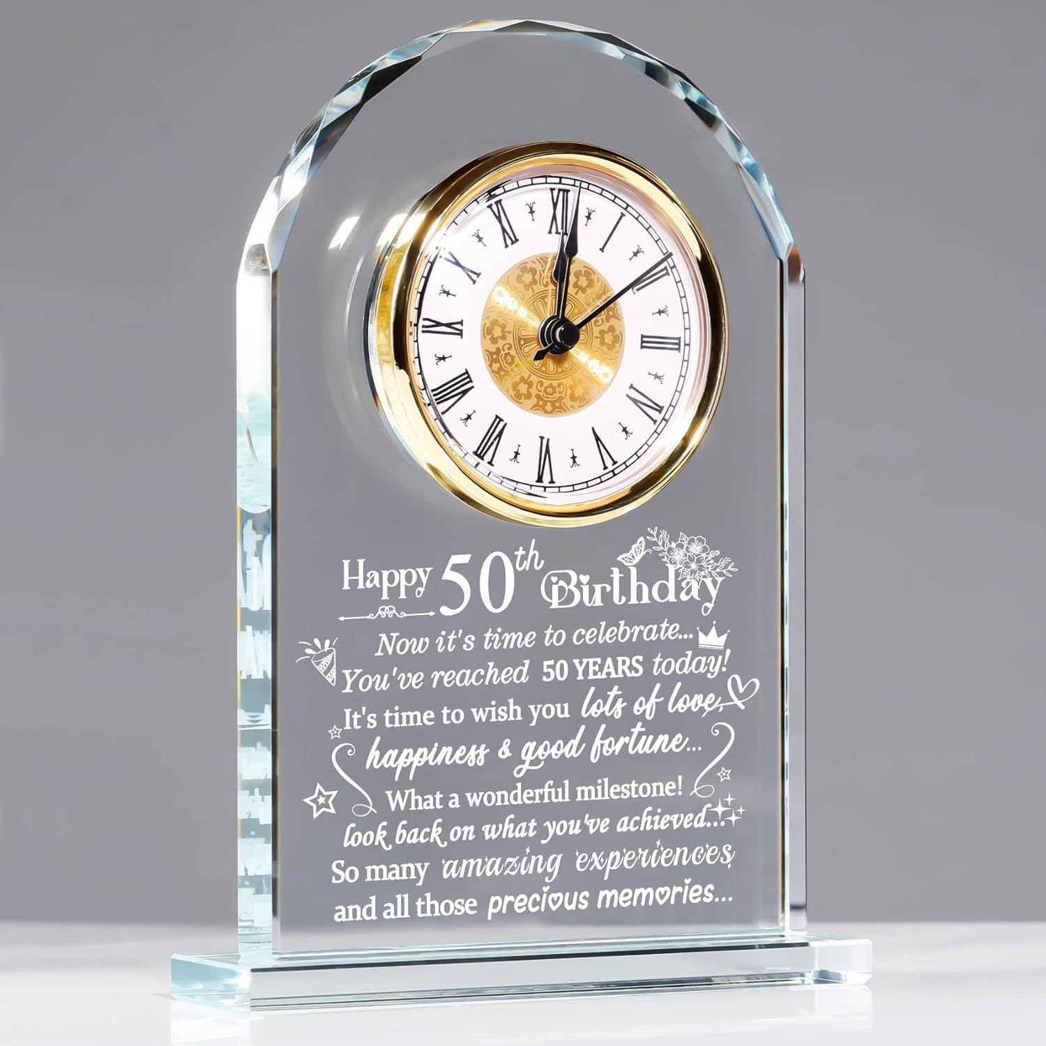 Horloge en forme d'arche en cristal gravé et dorure élégante de 21 cm