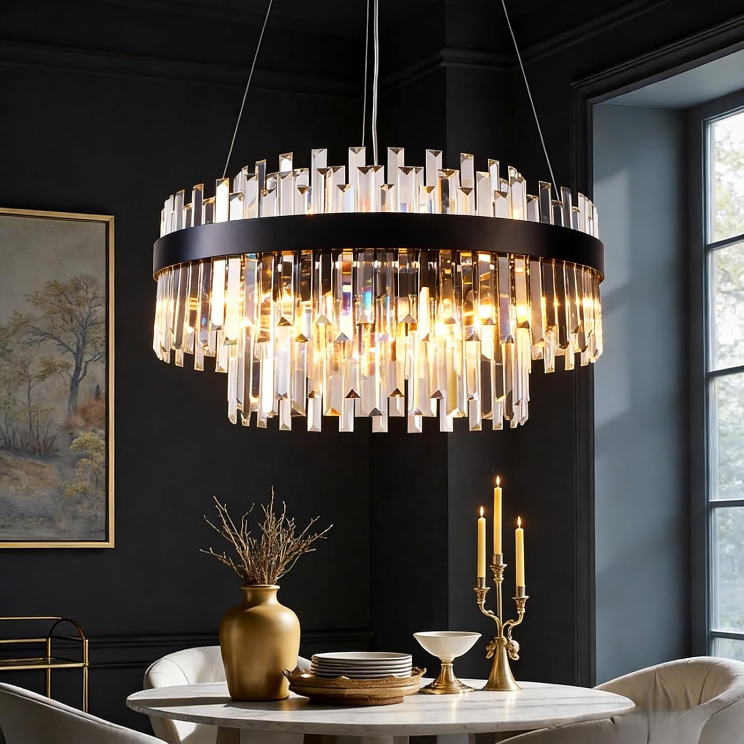 Modern Luxury Black Crystal Chandelier, 9-Light 2-Tier Round Raindrop Adjustable Flush Mount Pendant Light for Dining Room,Living Room,Kitchen,Entryway, Foyer - 23.6" D, E12 Base