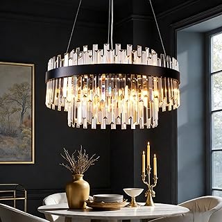 9-Light Black Crystal Chandelier, Modern Luxury Round for Dining Room