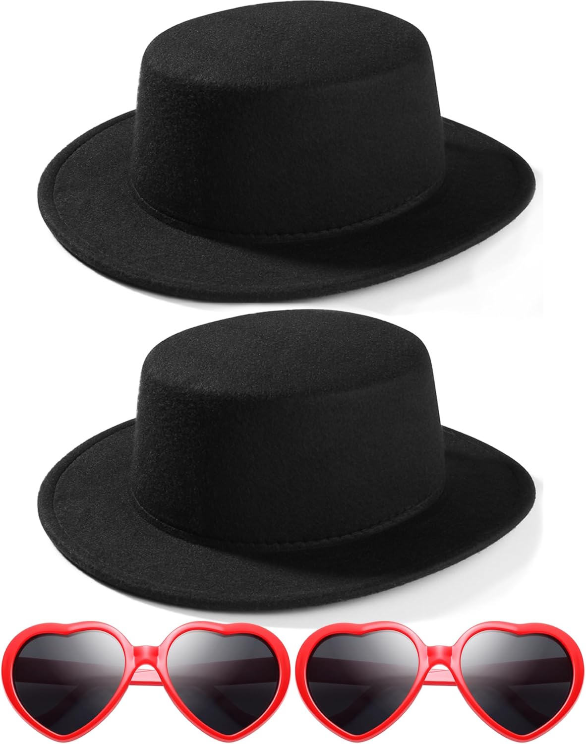 2 PACK Fashion Classic Black Fedora Hats + Red Heart Sunglasses Costume Outfit - Flat Wide Brim Church Cap Jazz Hat,for Adult