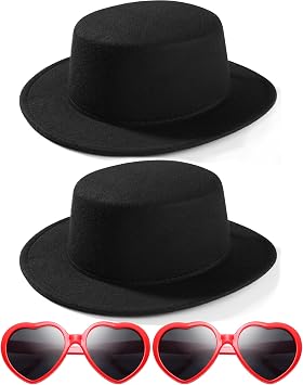 2 PACK Fashion Classic Black Fedora Hats + Red Heart Sunglasses Costume Outfit - Flat Wide Brim Church Cap Jazz Hat,for Adult