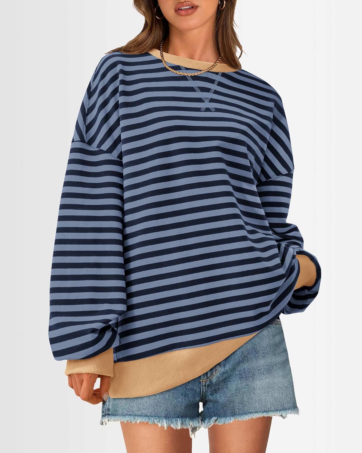 BTFBM Womens Oversized Striped Sweatshirt 2026 Spring Crewneck Long Sleeve Pullover Top Casual Y2K Clothes Workout Shirt - Image 3