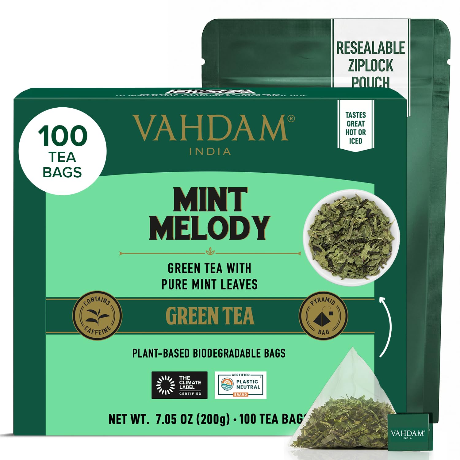 VAHDAM, Tè Verde alla Menta (100 Bustine) Basso Tenore di Caffeina | Te Verde in Foglie di Prima Qualità | In Bustina Richiudibile con Chiusura Ermetica | Tè Verde di Alta Quota