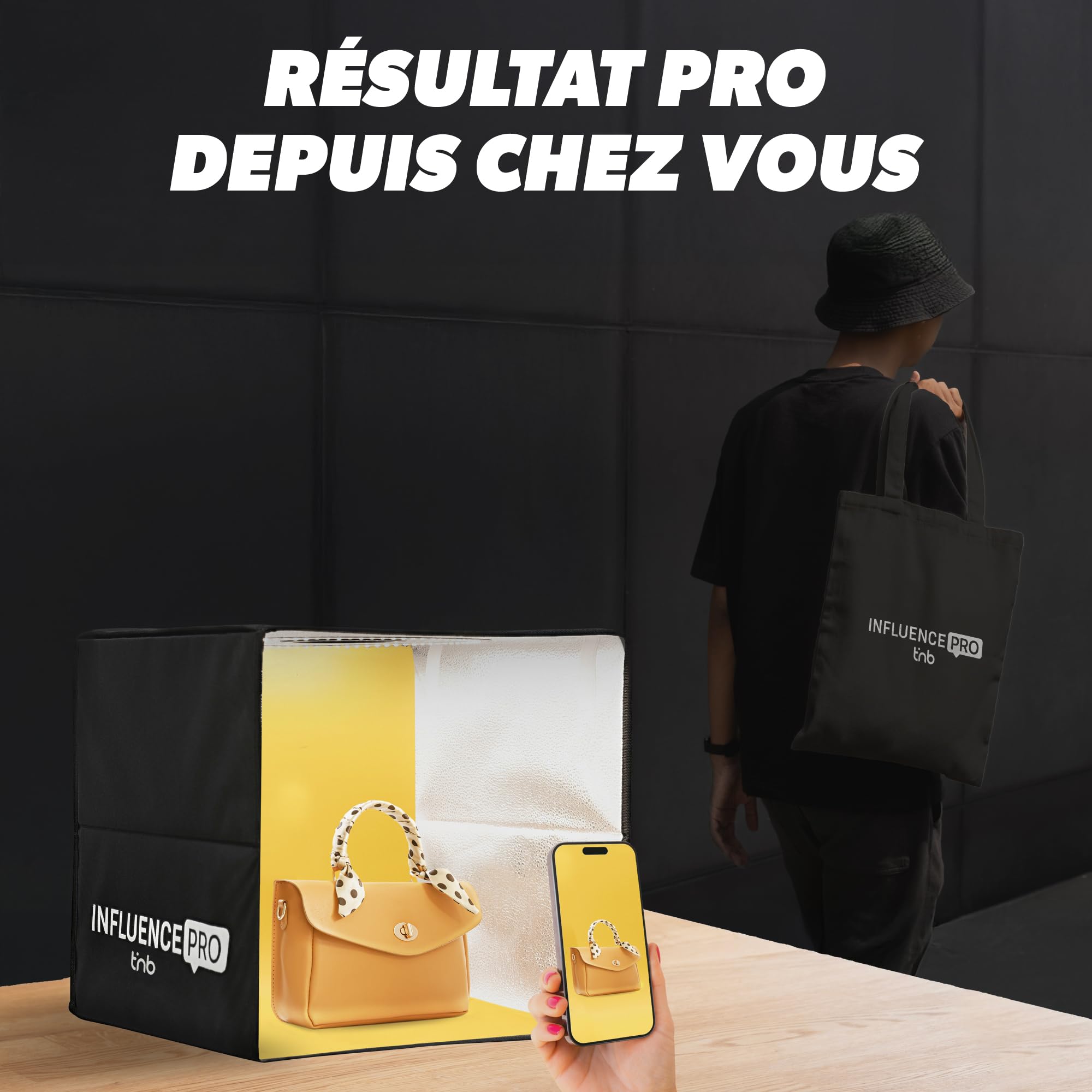 T'nB - Studio Photo Portable 40x40x40cm, idéal pour réaliser Vos Produits de qualité Professionnelle à Domicile ou pour déplacement, 12 Fonds, 10 Niveaux de luminosité - Noir