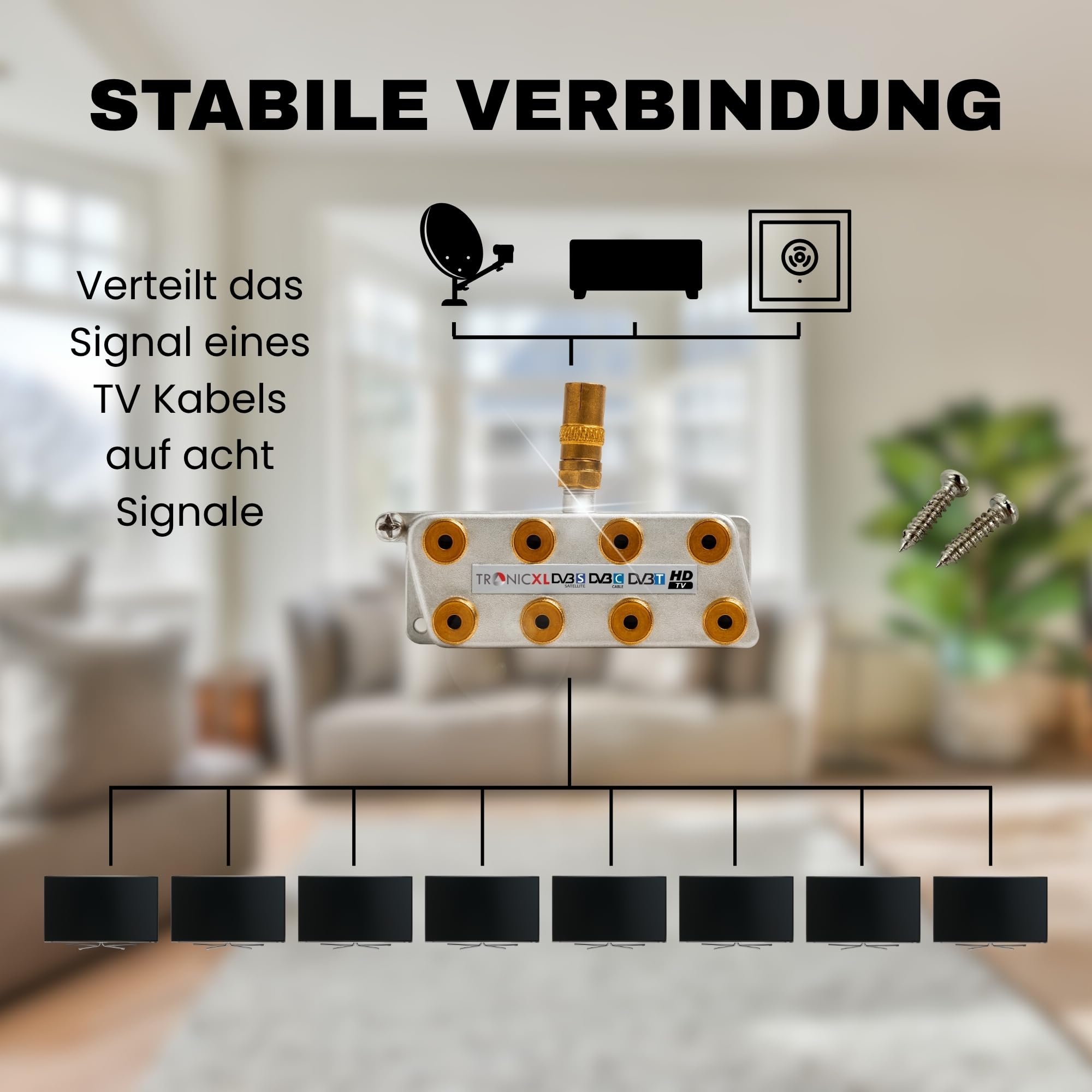 TronicXL Répartiteur d'antenne coaxial 8 voies haut de gamme HD 3D 4K répartiteur souple par exemple pour DVBT DVBT2 DVBC SAT Unicable TV par câble Télécommande 8 voies HDTV TNT