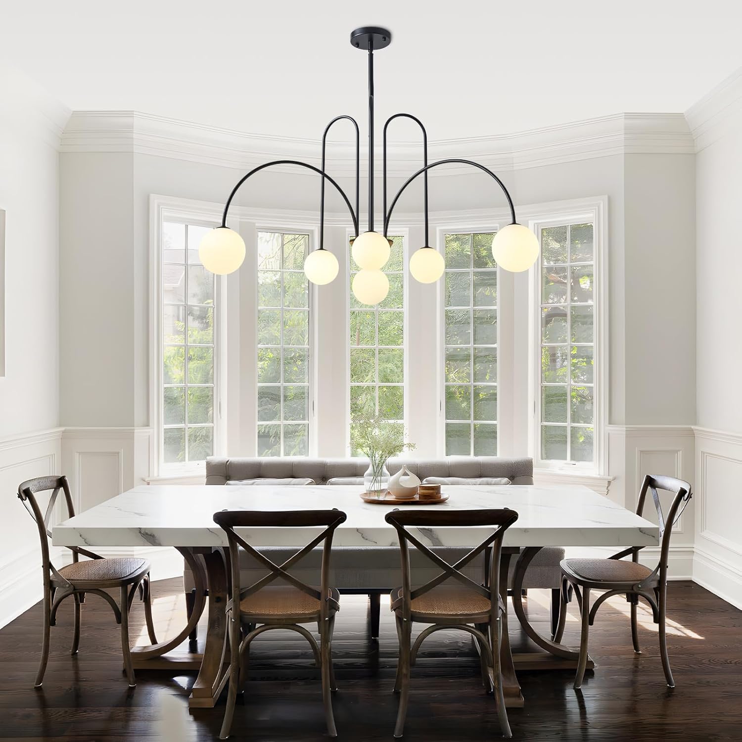 Modern Black Sputnik Chandelier 6-Light Mid Century Chandelier for Dining Room with Milky Glass Globe Ceiling Pendent Light Fixture for Living Room Kitchen Island Foyer Bedroom