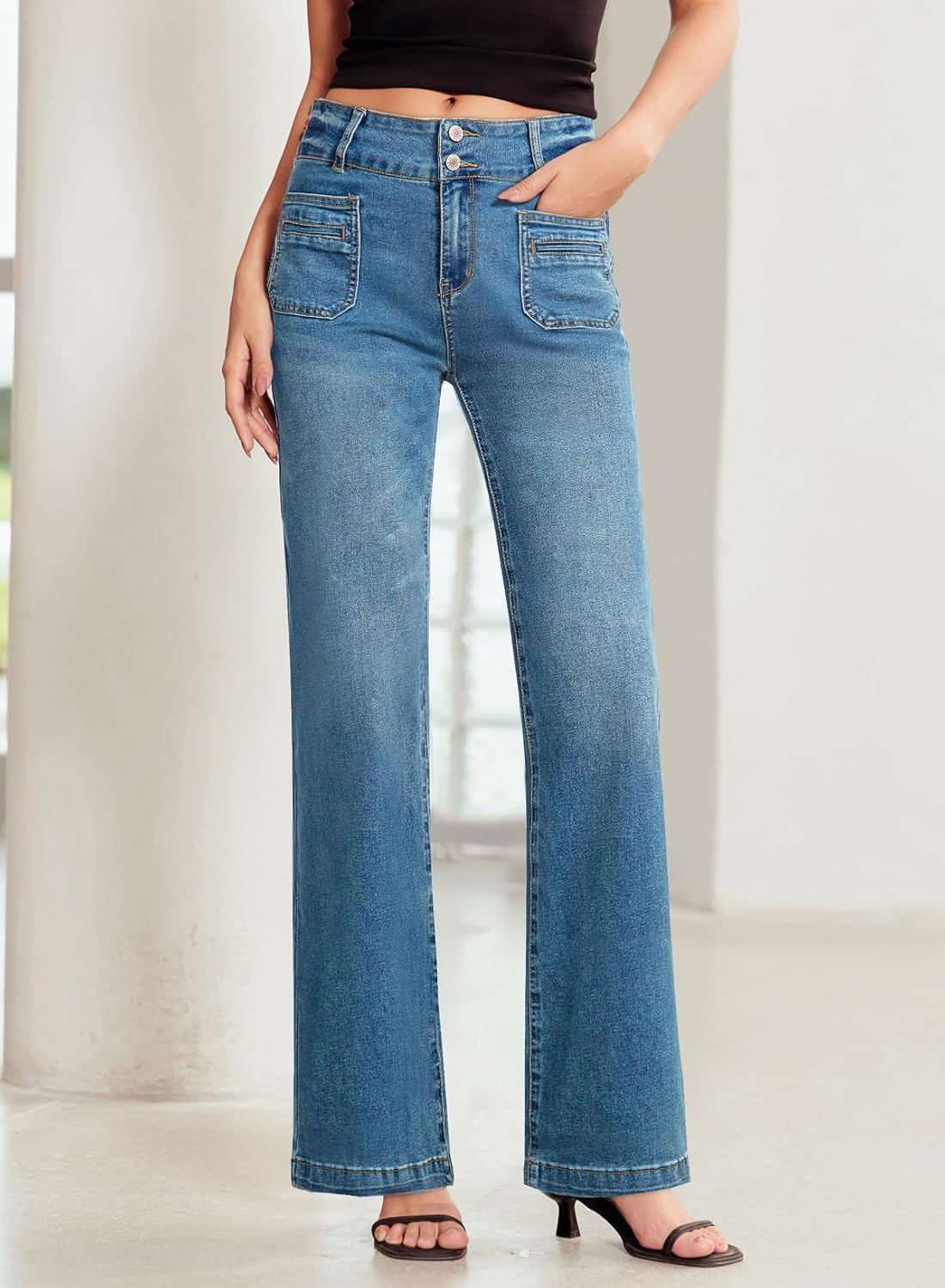 Sidefeel Women's Wide Leg Jeans High Waisted Tummy Control Stretchy Pockets Front Straight Leg Jeans - Image 5