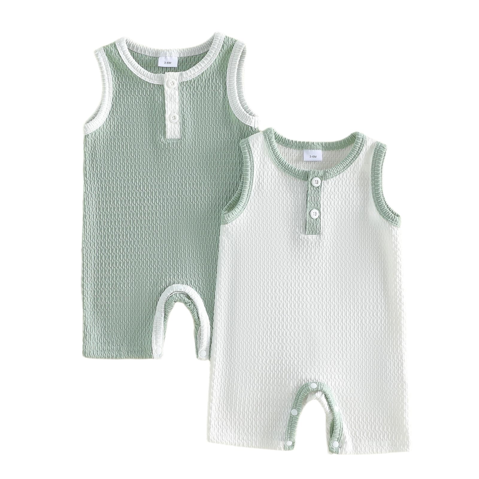 Sasaerucure Newborn Baby Boy Coming Home Clothes Waffled Button Up Sleeveless Romper Jumpsuit Two Pack Outfit Summer