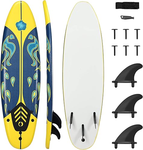 GYMAX Tabla de surf, tabla de cuerpo de 6 pies con aletas extraíbles y correa protectora, tabla de surf antideslizante para surf, pesca, agua y yoga
