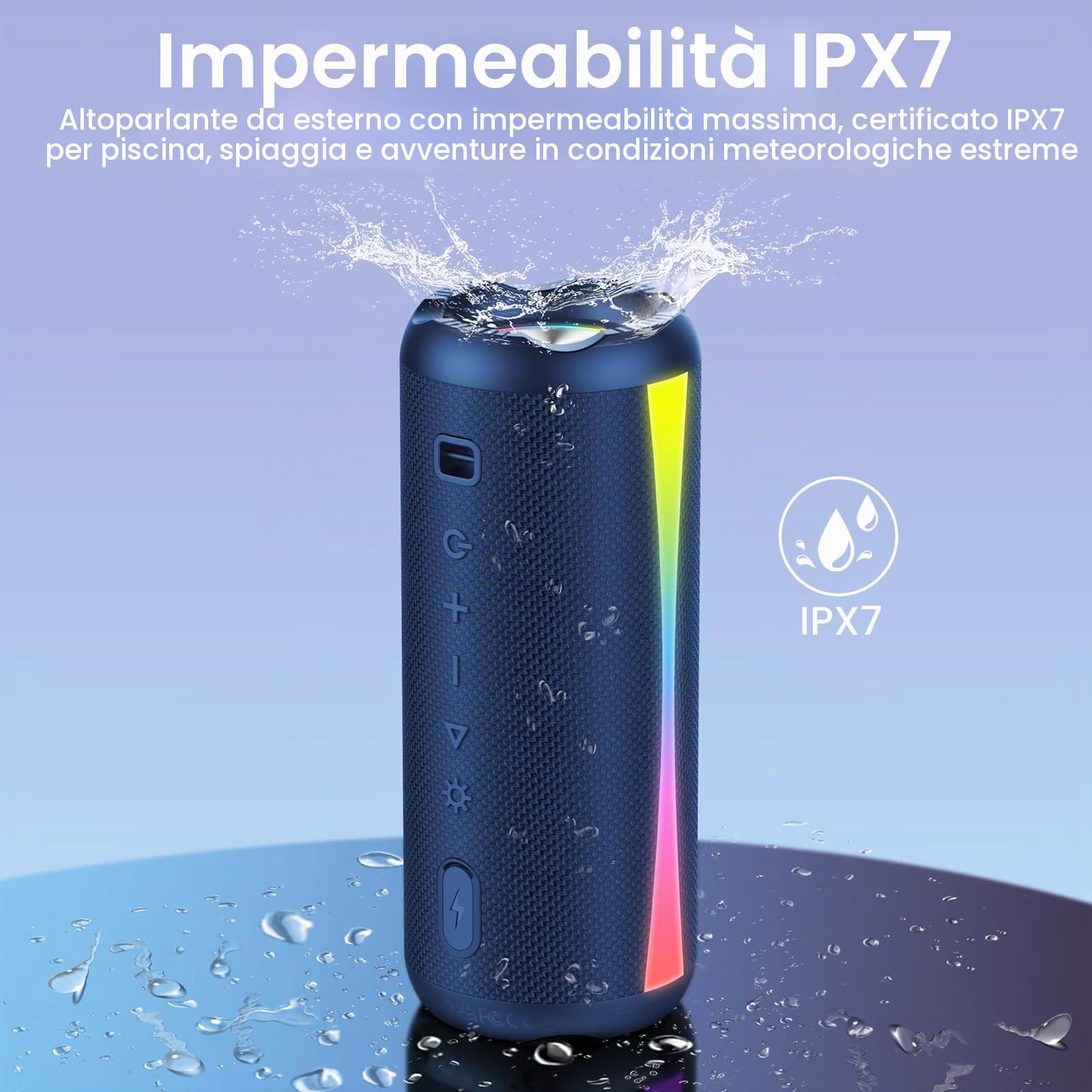 Cassa Bluetooth Portatile Potente 20W, Altoparlante Bluetooth 5.4 con HD Microfono, Luce RGB, Accoppiamento TWS, 20 Ore, Audio HiFi Stereo, IP7 Impermeabile Bluetooth Speaker per Outdoor, USB-C, Blu