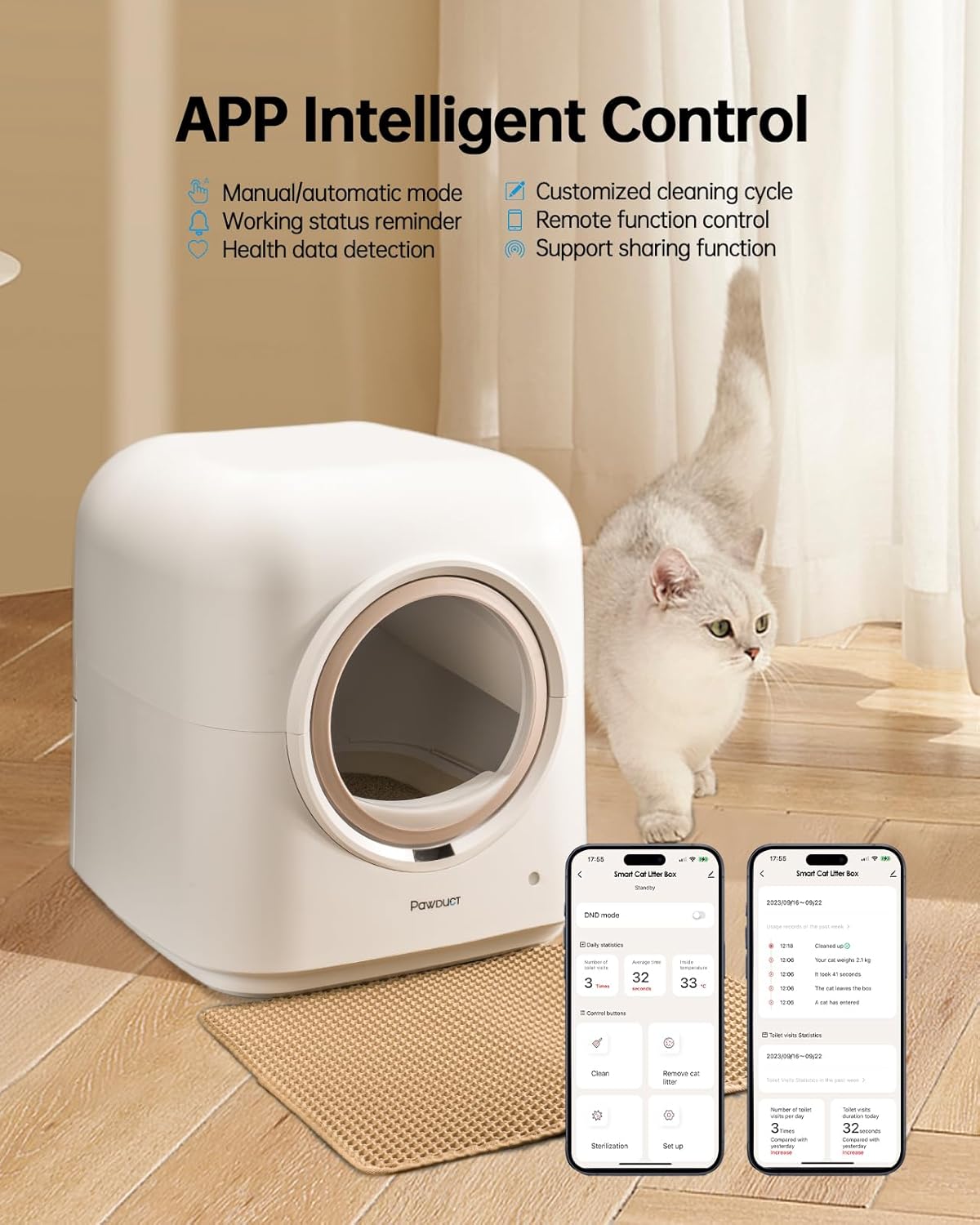 Screenshot of the Pawduct Smart APP interface with a cat next to the litter box