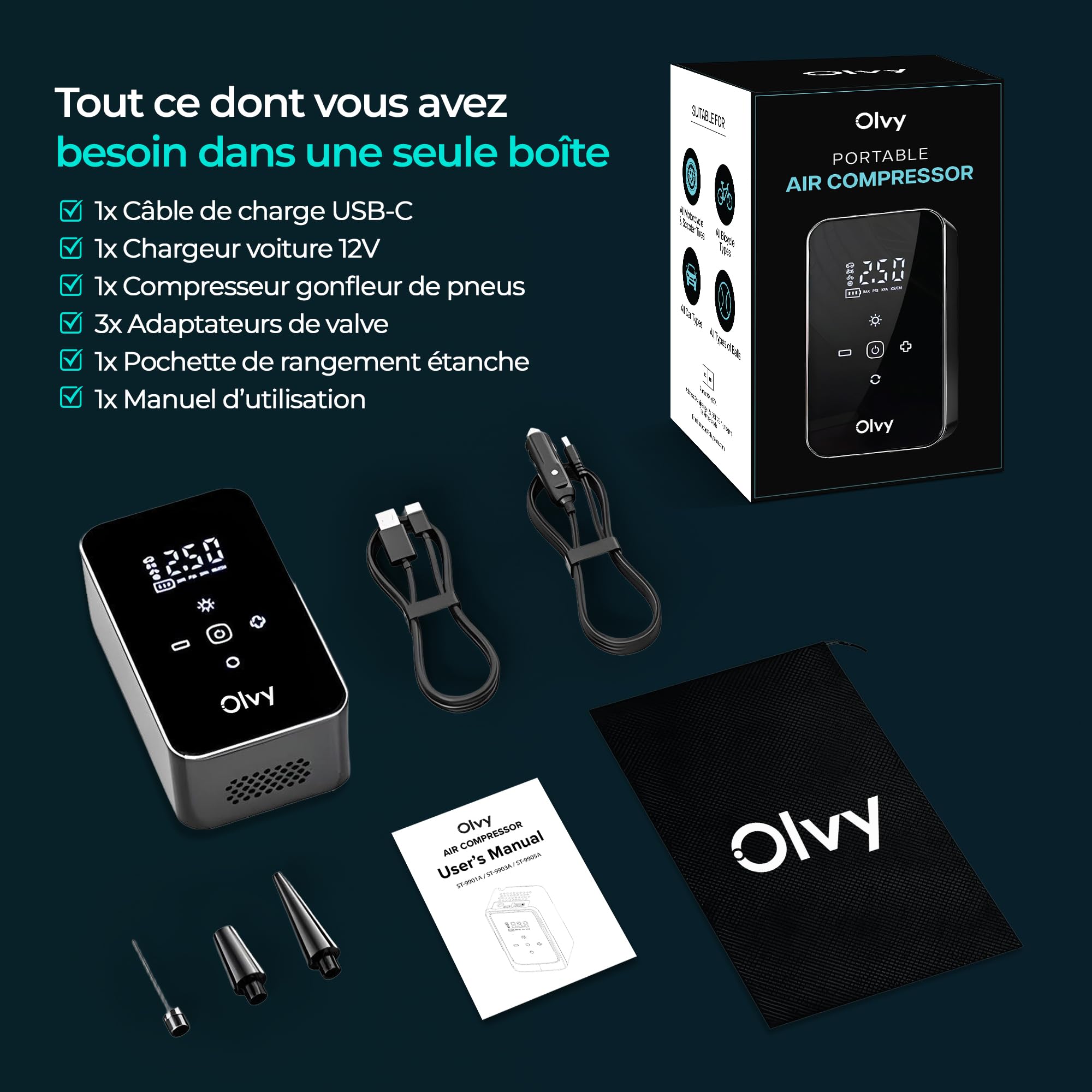Olvy Compresseur d'air portable - Gonfleur de pneus sans fil 12V - Batterie rechargeable 6000 mAh - Écran numérique - Arrêt automatique - Lampe LED - Pour voiture, vélo, moto, ballon et matelas gonfla
