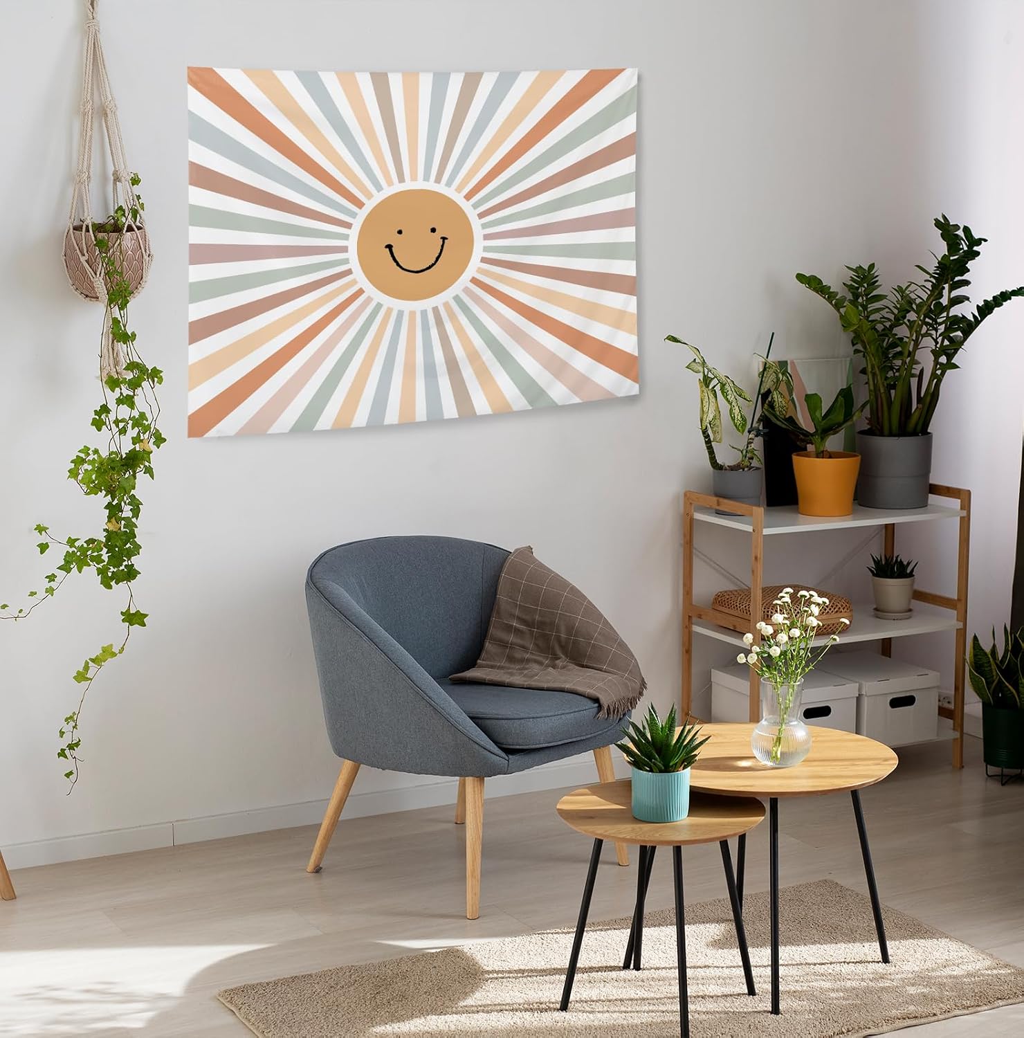 KRHFG Boho Cute Sun Tapestry, Boy Girl Nursery Wall Decor Tapestry, Boho Neutral Smile Sunshine Tapestries Wall Hanging Backdrop for Kids Bedroom Room Nursery Playroom, 50x60 Inch