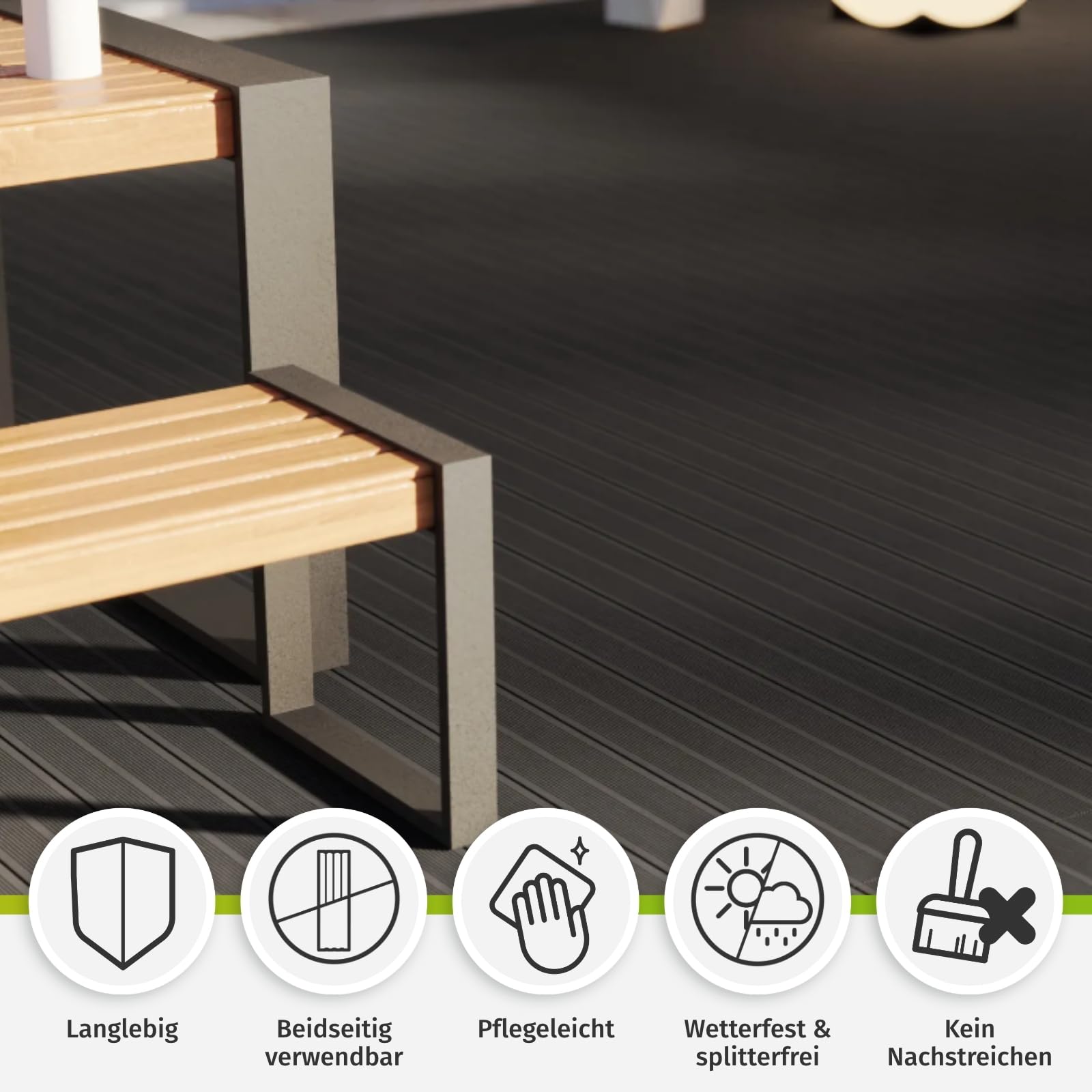 HORI WPC Terrassendielen Komplettset Bali Massiv Dielen Komplettbausatz beidseitig geriffelt, inkl. Unterkonstruktion 28x50 mm & Montagematerial Fläche: 7 m² - 400 cm Dielenlänge - Anthrazit