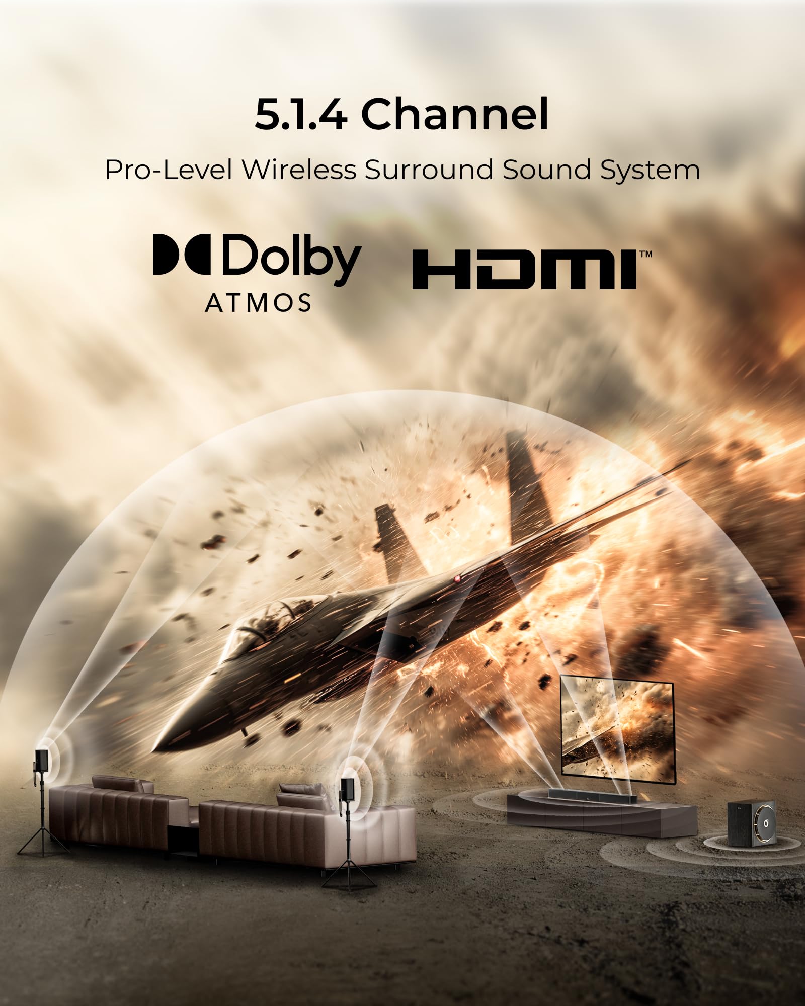 ULTIMEA Skywave X50 5.1.4ch Wireless Surround Sound System for TV, 760W Professional Sound Bar w/Dolby Atmos, 2 Wireless Surround Speakers & 8" Subwoofer, GaN Amplifier, 4K HDR Pass-Through, HDMI eARC