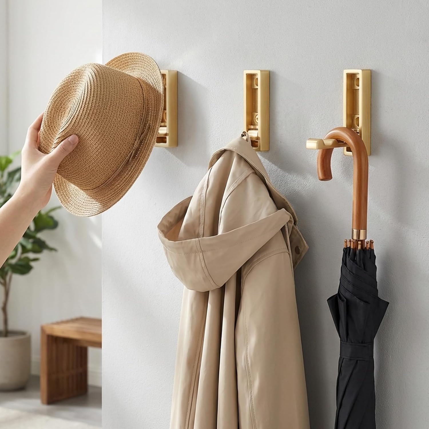 4 Pcs Folding Coat Hooks, Towel Hooks for Purse Hanger Laundry Room Organization, Coat Hook Bathroom Accessories Zinc Alloy Clothes Key Hooks for Wall, Towel, Key, Hat, Bag, Jacket, Backpack (Gold)
