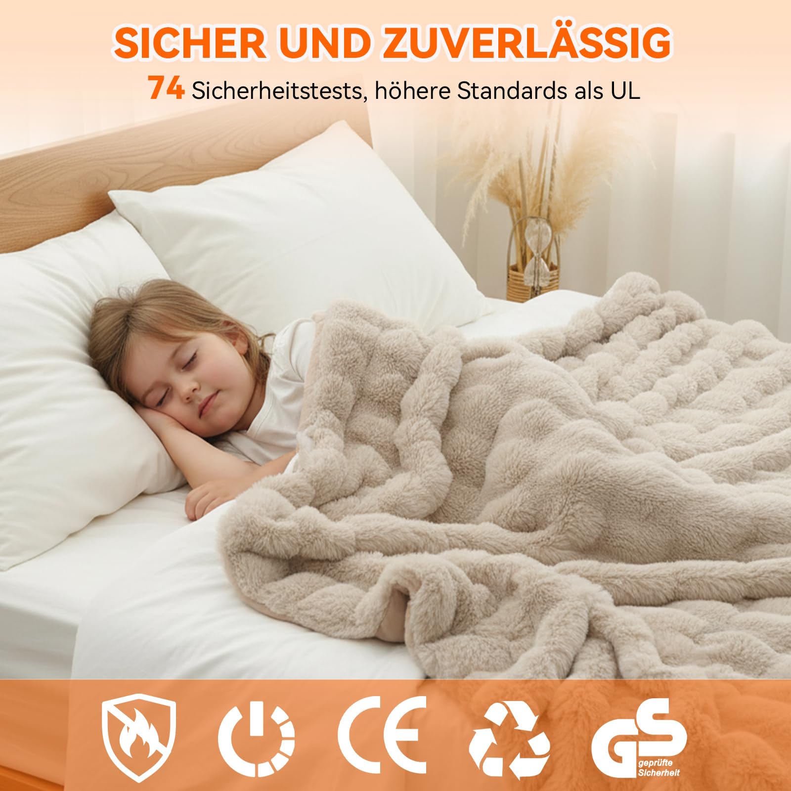 Warmfay Heizdecke mit Abschaltautomatik, 180 × 130 cm Kunstfell Kaninchen Fleece Wärmedecke Elektrisch Heizdecke mit 8 Heizstufen & 1-12H Timer, Waschbar Kuscheldecke für Bett & Sofa - Aprikose