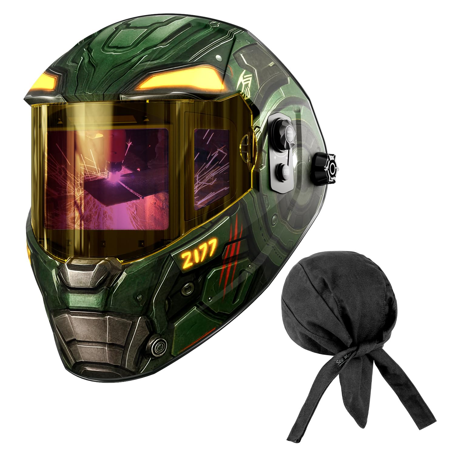ANDELI Schweißhelm Digital-Linsengruppe, 3-Zonen Automatikdunkelung, 180° Panoramablick 18,2x8,1cm, True Color 1/1/1/1, 5 Sensoren, LCD, USB-C, Speicher with Feuerfeste Schweißerhaube