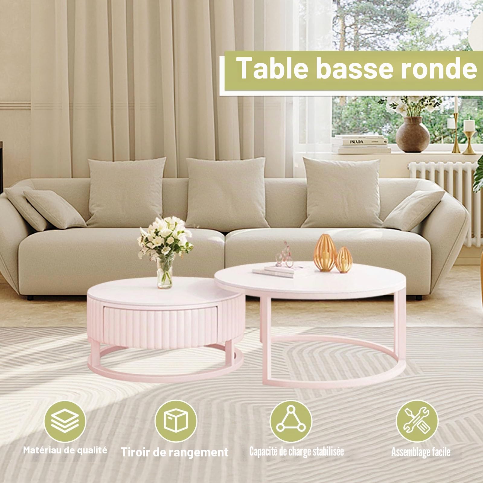 Lot de 2 tables basses rondes en marbre - Moderne - Blanc - Avec espace de rangement - 50 + 70 cm - Table de salon - Avec tiroir en bois - Extensible - Cadre en métal stable
