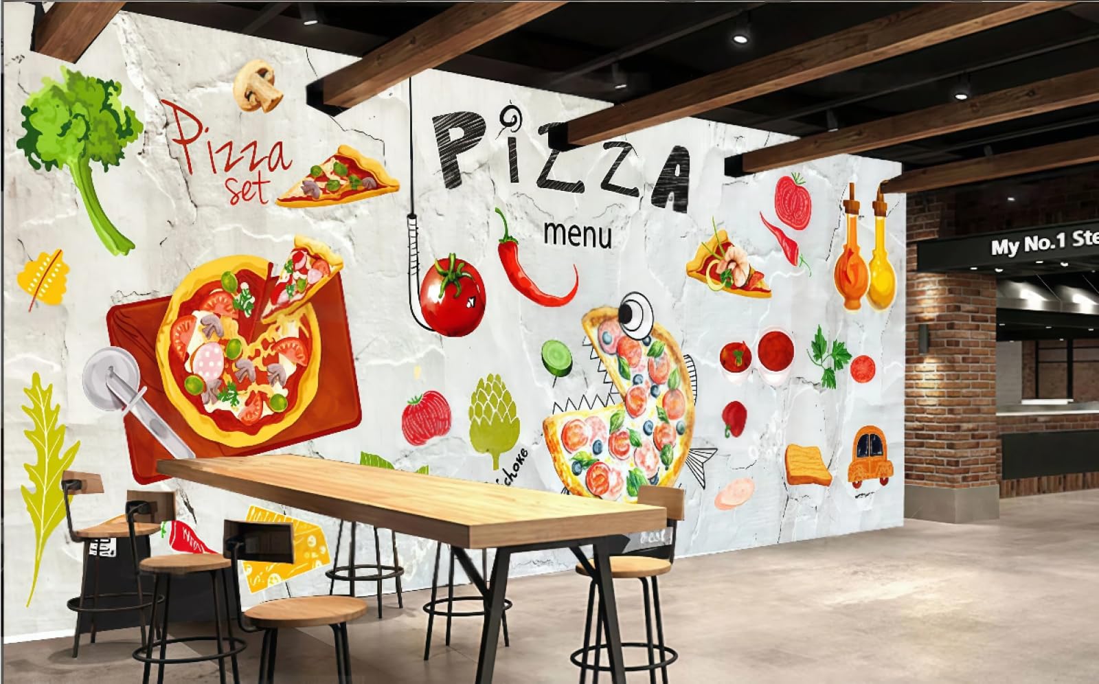 XDOUBAO Wallpaper Cartoon Hand-Painted Delicious Pizza Gourmet Snacks Afternoon Tea Coffee Shop Background Mural Western Restaurant Wallpaper,3D,200x140cm