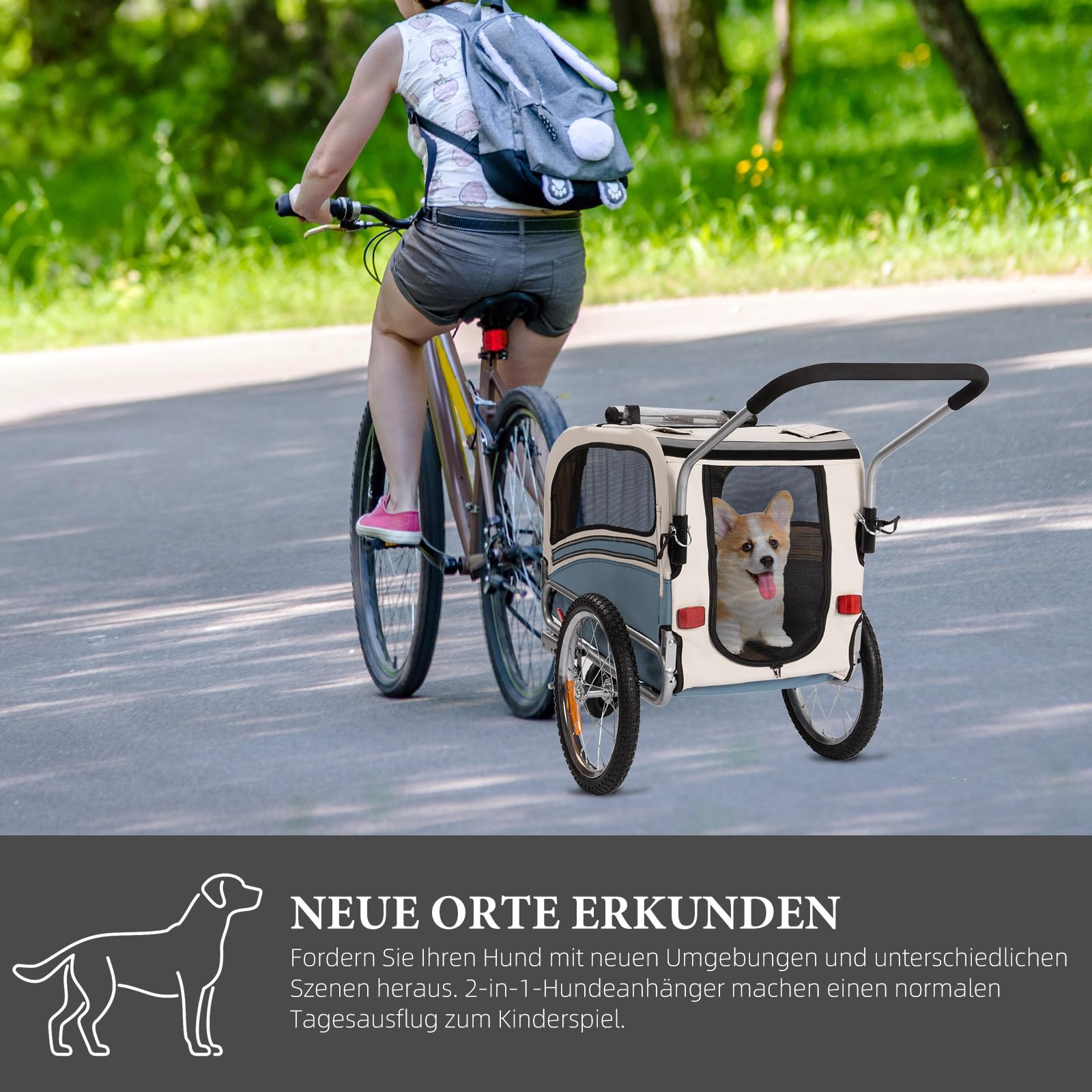 Rimorchio per cani 2 in 1 per bicicletta e jogging – Carrello per cani fino a 30 kg pieghevole con freni, bandierina di segnalazione, uso esterno e domestico, facile da montare