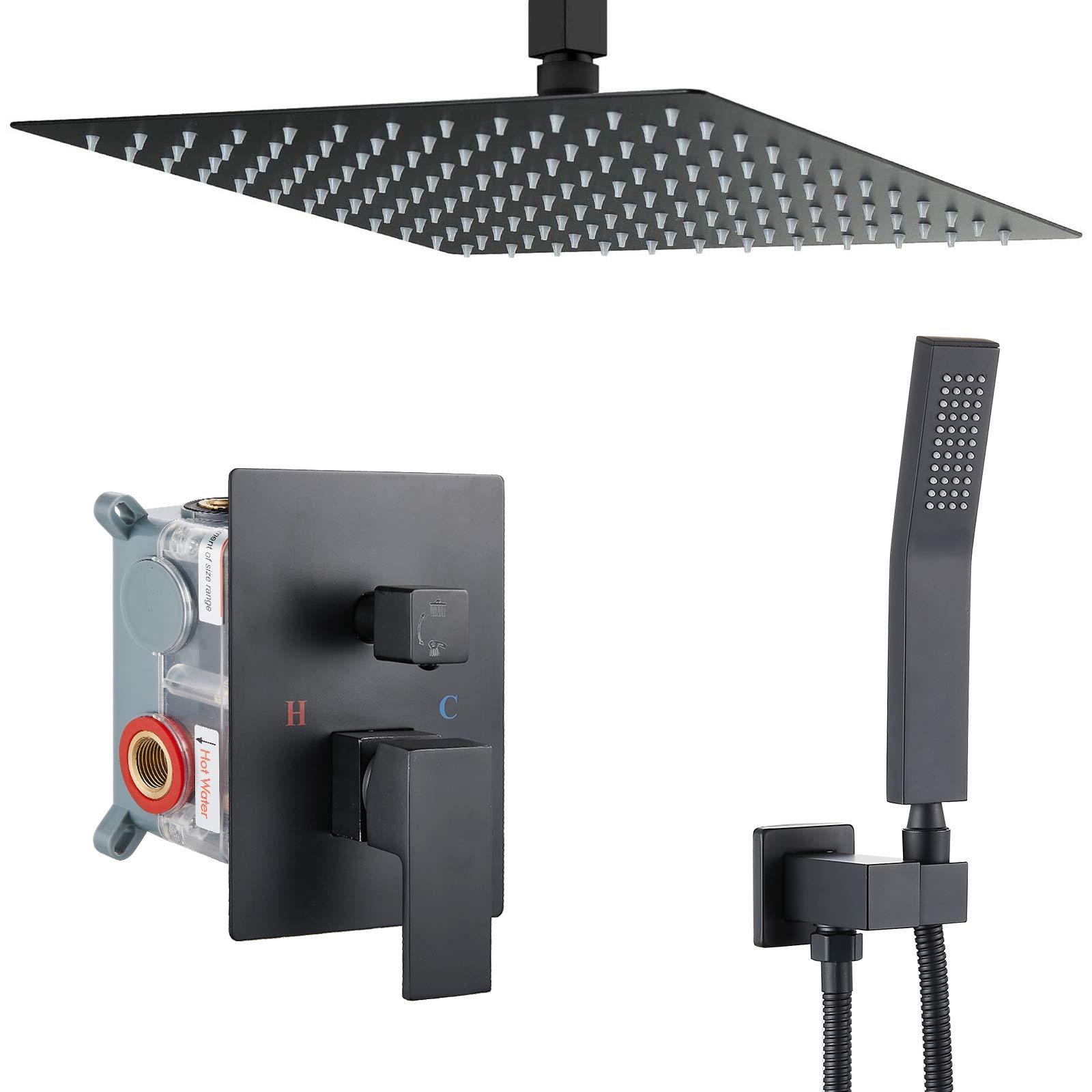 Aolemi Shower System Matte Black 10 Inch Rain Shower Head Ceiling Mount with Handheld Spray Luxury High Pressure Shower Combo Set Rough-in Valve and Shower Trim Included Bathroom