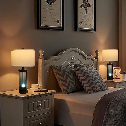 Miniatura 5 de Lambaolom Juego de 2 lámparas de mesa modernas, con luz nocturna de cristal azul degradado con 2 puertos USB, lámparas de escritorio de temperatura