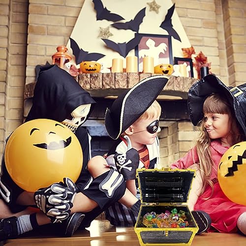 Miniatura 5 de Caja de almacenamiento de cofre del tesoro pirata para niños, borde dorado decorativo con cerradura y llave para cumpleaños de niños, Halloween,