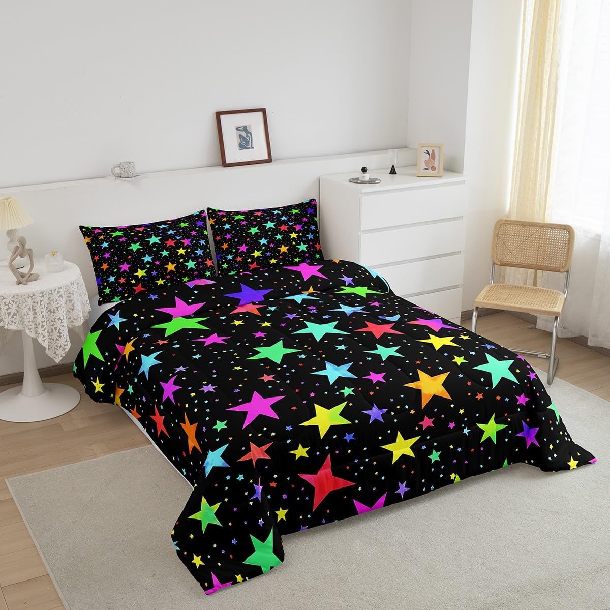 Erosebridal Kawaii Glitter Stars Bedding Sets Queen Rainbow Glowing Star Bedding Comforter Sets Psychedelic Space Cosmos Duvet Colorful Neon Light Star Quilt Comforter Girls Cute Bedding 3pcs Cozy