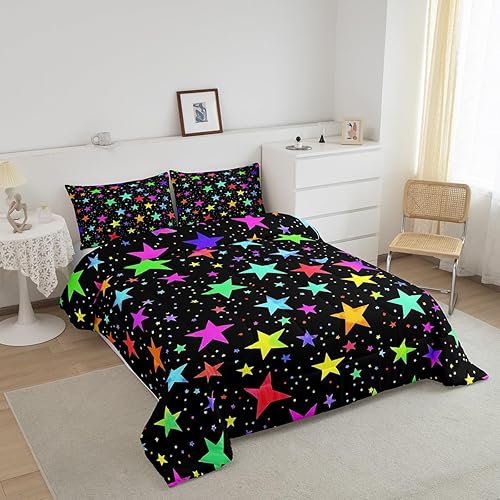 Miniatura 3 de Erosebridal Juego de ropa de cama Kawaii con estrellas con purpurina, diseño psicodélico de estrellas brillantes y arco iris, juego de ropa de cama