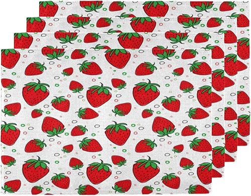 Miniatura 1 de Juego de 4 manteles individuales de fresas primaverales, lavables, impermeables, para fiestas, hogar, decoración de mesa de comedor, 18 x 12 pulgadas