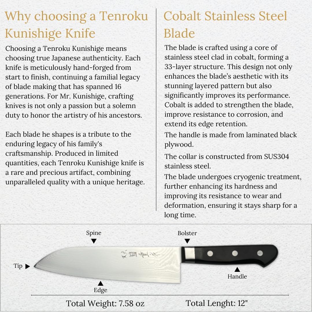 7.1in Santoku Chef Knife - Tenroku Kunishige Cobalt Alloy Steel, Versatile Japanese Kitchen Knife for Precision Cutting
