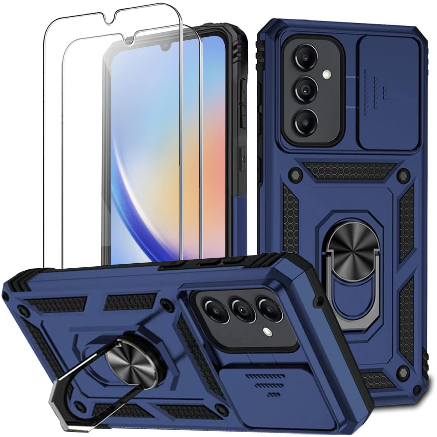 T Tersely for Samsung A34 5G Case with Camera Cover and Stand Kickstand Ring with [2 PACK] Tempered Glass Screen Protector, Military Grade Shockproof Protective Case (Blue)