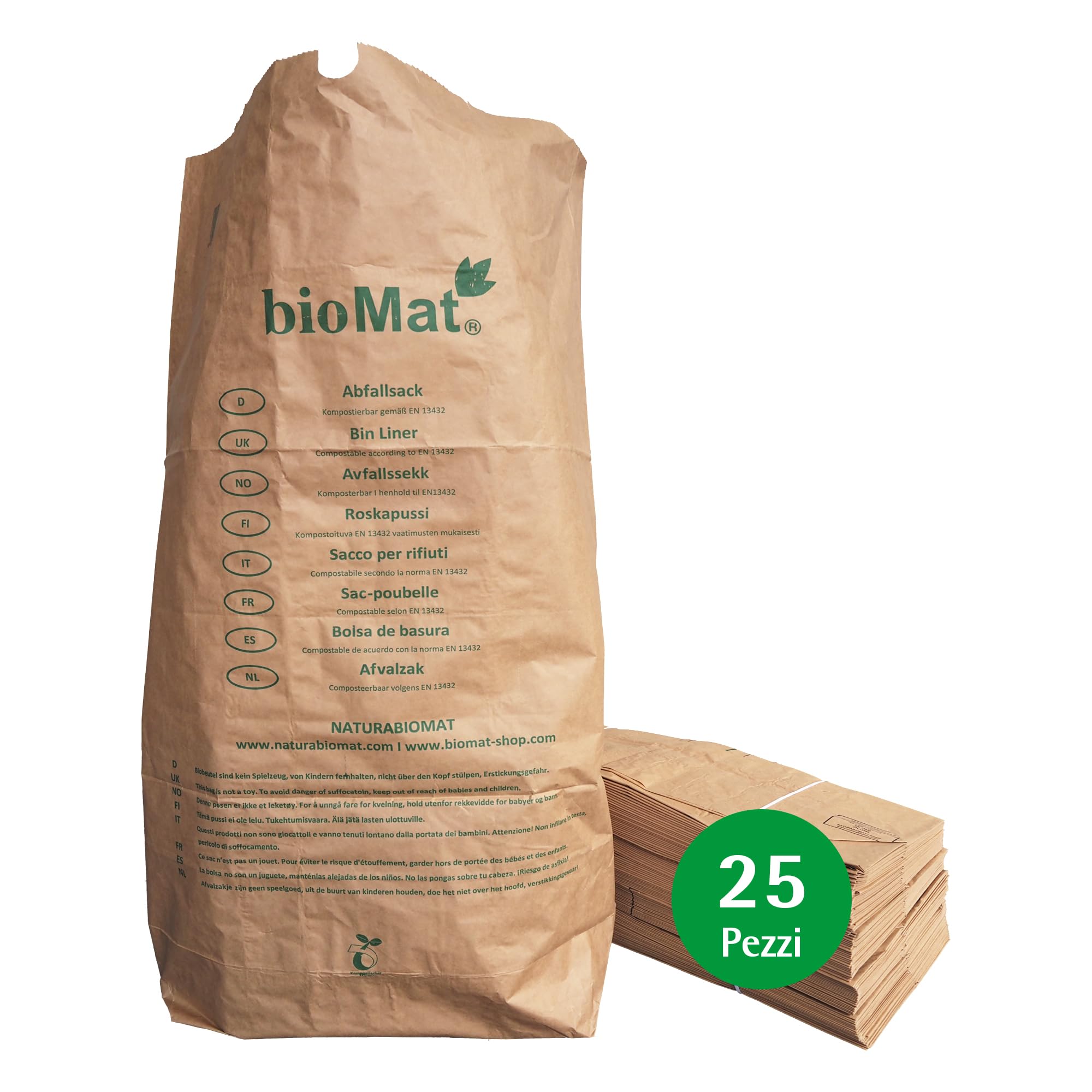 bioMat sacchetti di carta compostabili da 120 l, per taglio verde, 25  sacchetti di carta Kraft, a 1 strati, antistrappo, a prova di bagnato :  Amazon.it: Giardino e giardinaggio