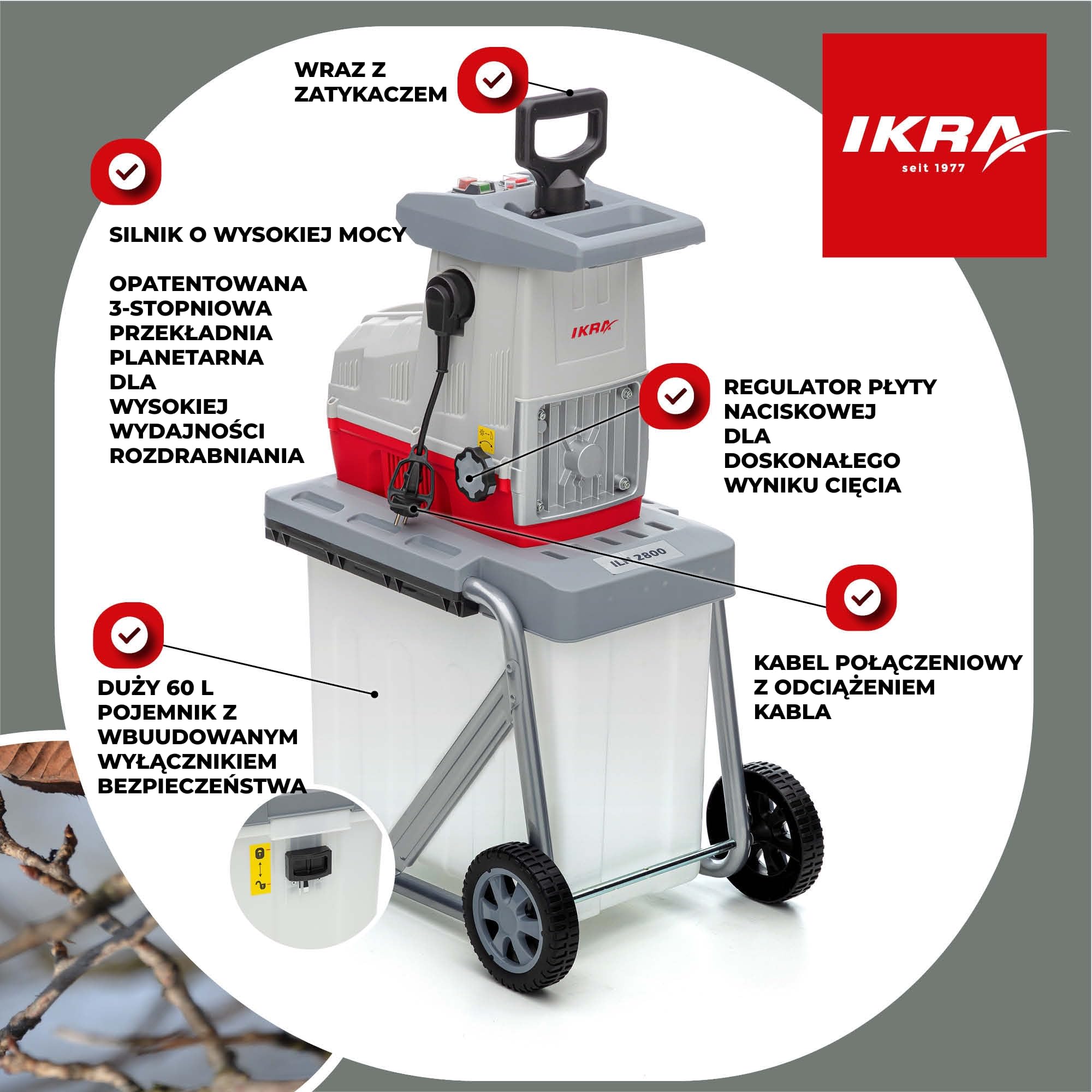 IKRA rozdrabniacz ogrodowy walcowy elektryczna ILH 2800 cicha, wytrzymała i łatwa w konserwacji moc 2800 W grubość gałązki do 44 mm