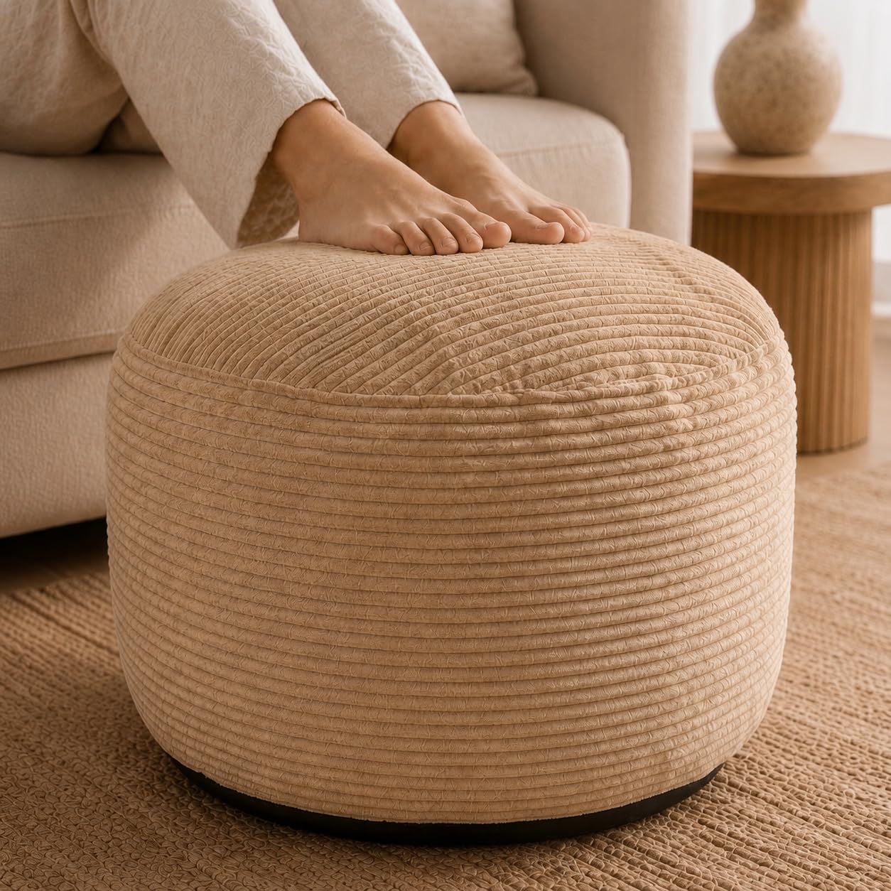 Stuffed Pouf Ottoman,Corduroy Foot Rest,Light Camel,24 Inch