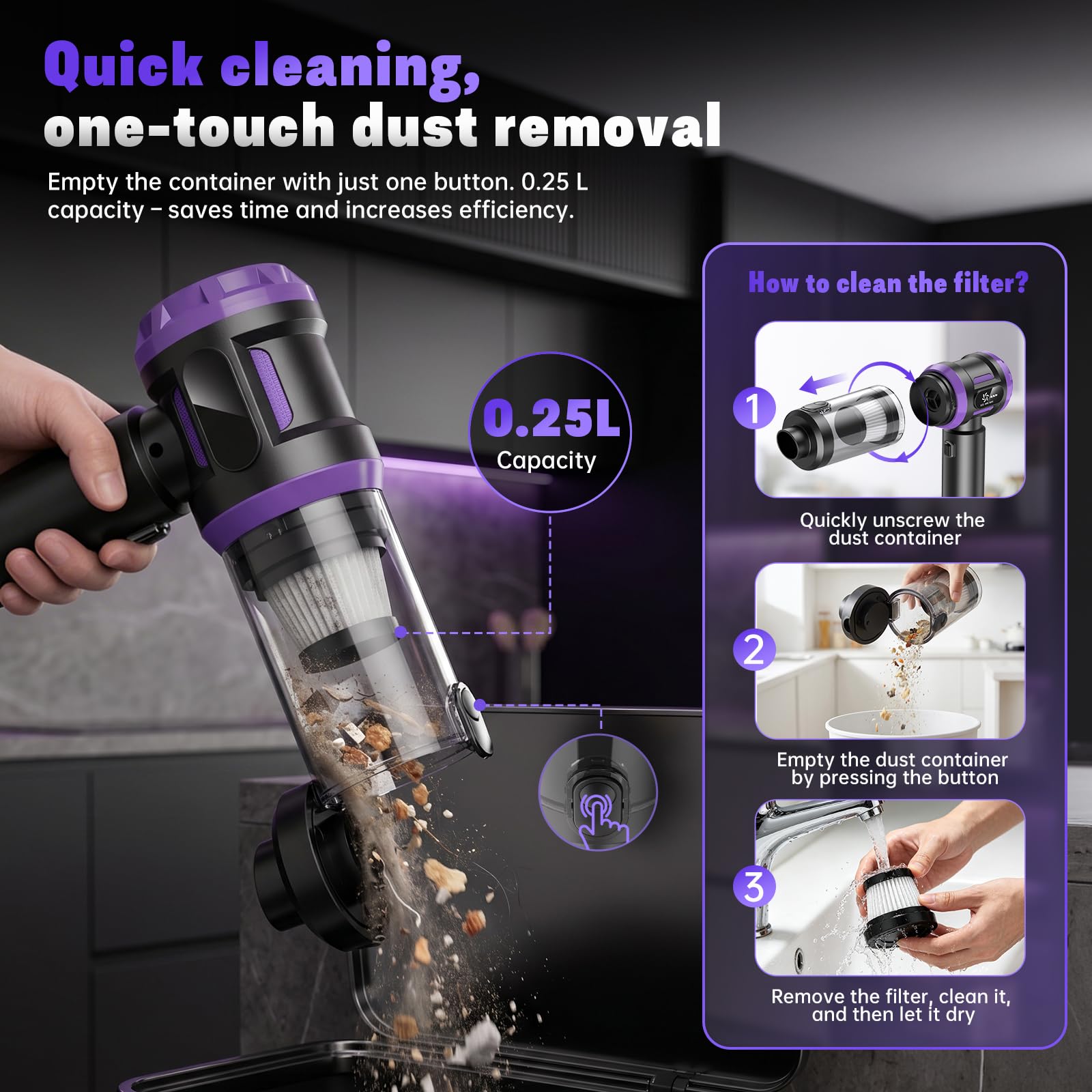Aspirateur Voiture sans Fil 27000Pa Aspirateur à Main Puissant 5-en-1 avec Moteur Sans Brosse, 3 Vitesses, Mini Aspirateur Portable avec Écran LED Idéal pour Poils d’Animaux, Auto, Maison & Bureau