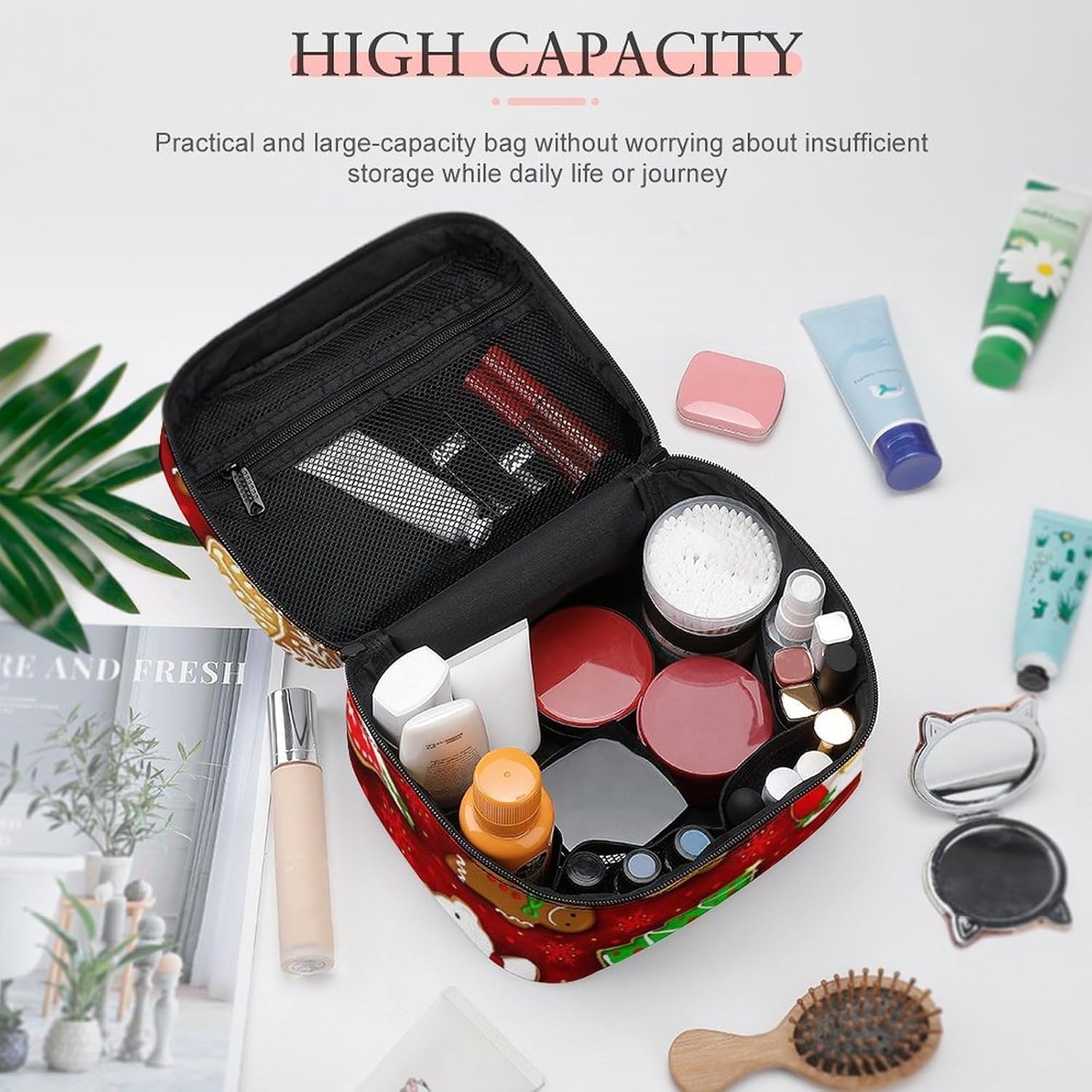 Happy Christmas Makeup Bag,Portable Large Capacity Travel Cosmetic Bag Adjustable Lightweight Hand-held Makeup Box for Women Daily Use image 4