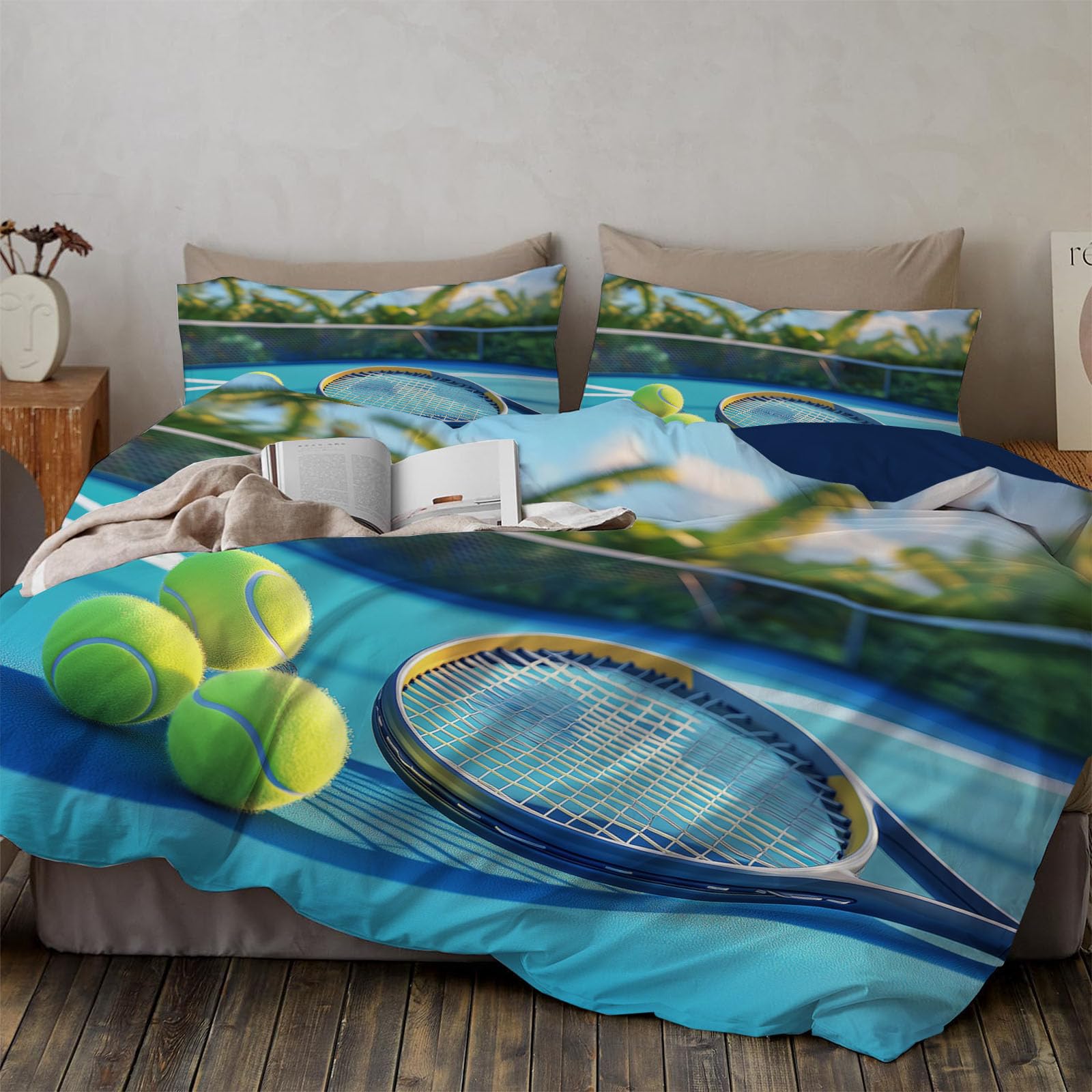 Juego de Ropa de Cama de 3 Piezas,Microfibra Suave Transpirable Moderno tenisJuego de Fundas Edredón con 1 Funda Nórdica + 2 Funda de Almohada (Deportes 220 x 240 cm
