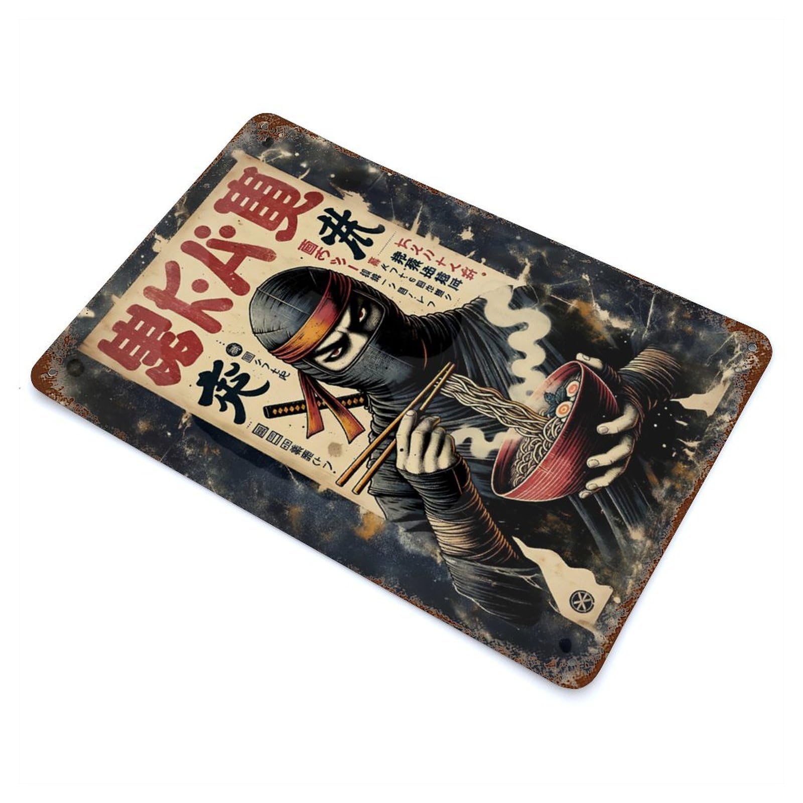 Decorative Tin Sign Ninja Eating Ramen Japanese Art 11.8"x7.9", Decorative Metal Wall Art for Garage, Bar And Workshop Decor